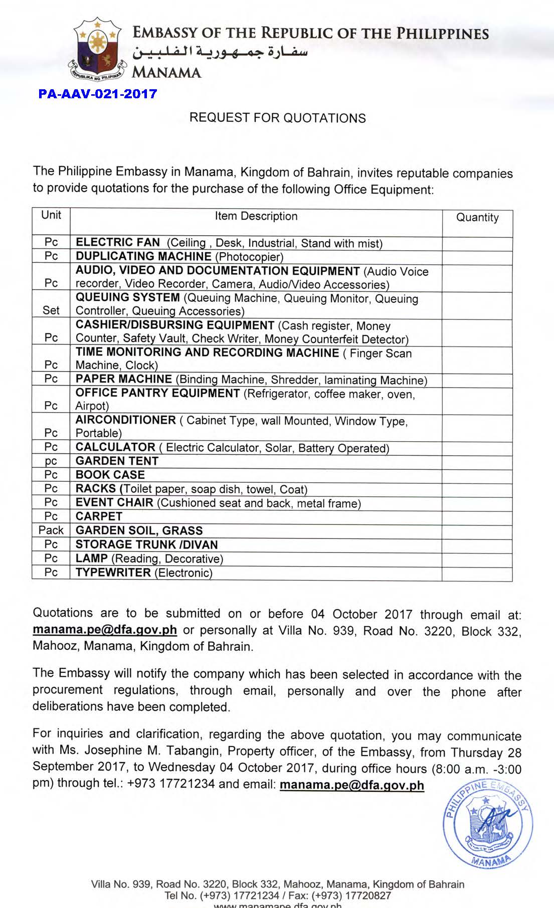 PA AAV 021 2017 Request for Quotations Office Equipments