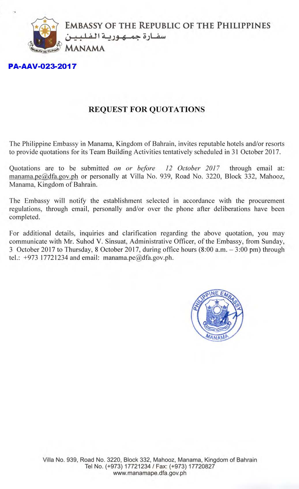 PA AAV 023 2017 Request for Quotations Hotels and Resorts Team Building Activities