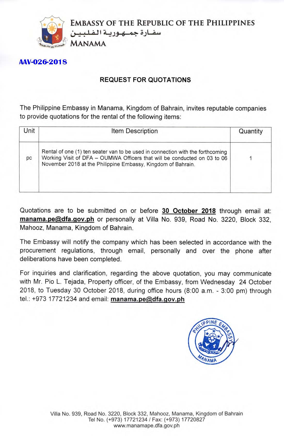 PA AAV 026 2018 Request for Quotations one ten seater van