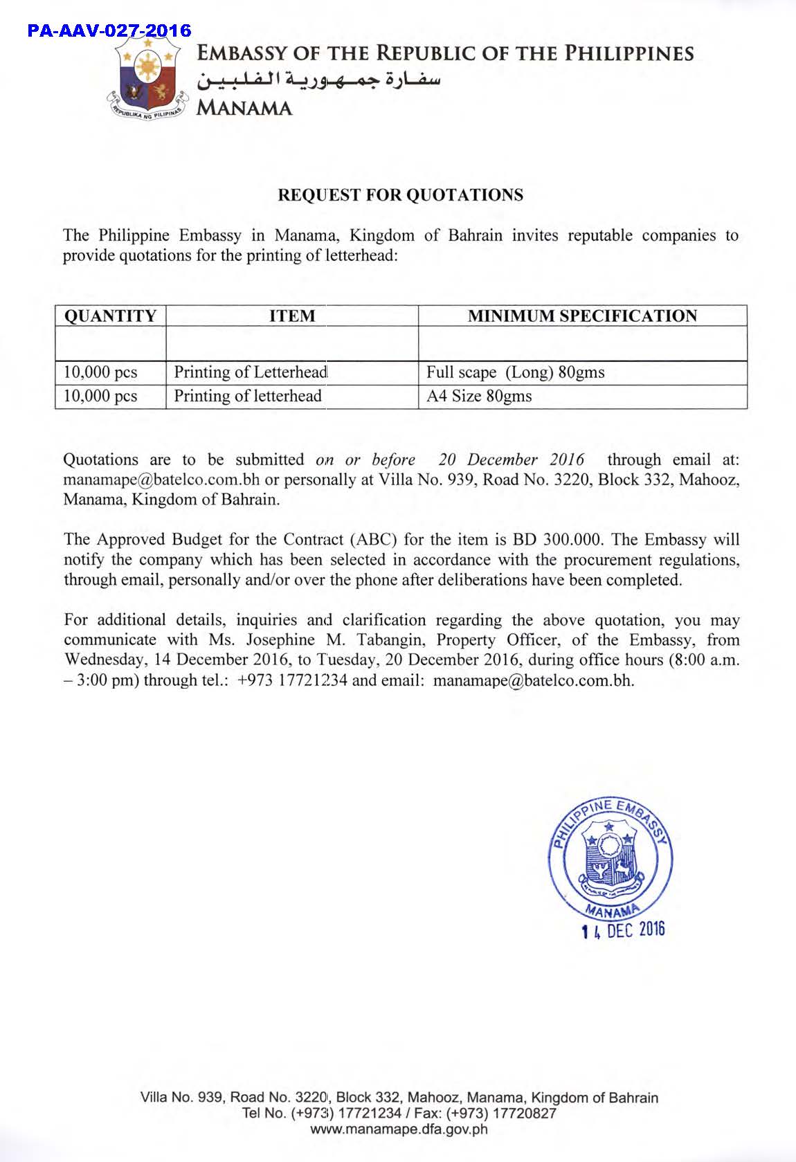 PA AAV 027 2016 Request for Quotations printing of letter head