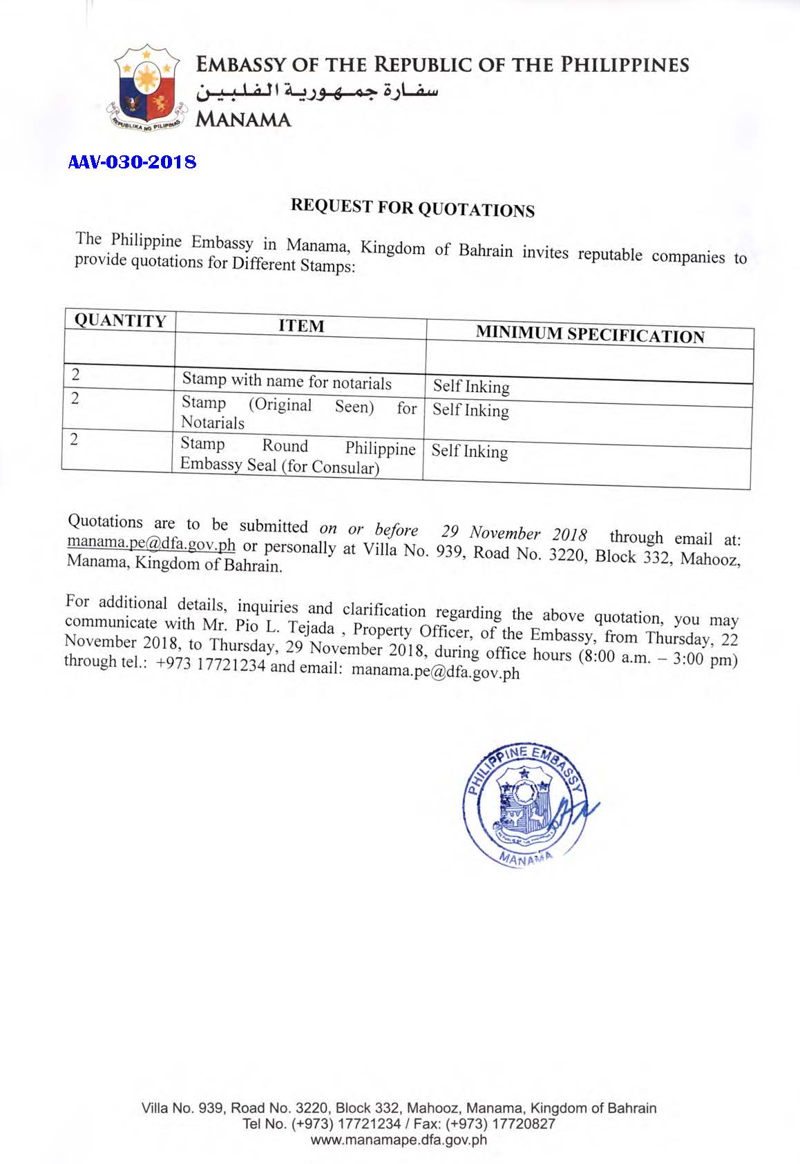 PA AAV 030 2018 Request for Quotations Stamp with name for Notarials