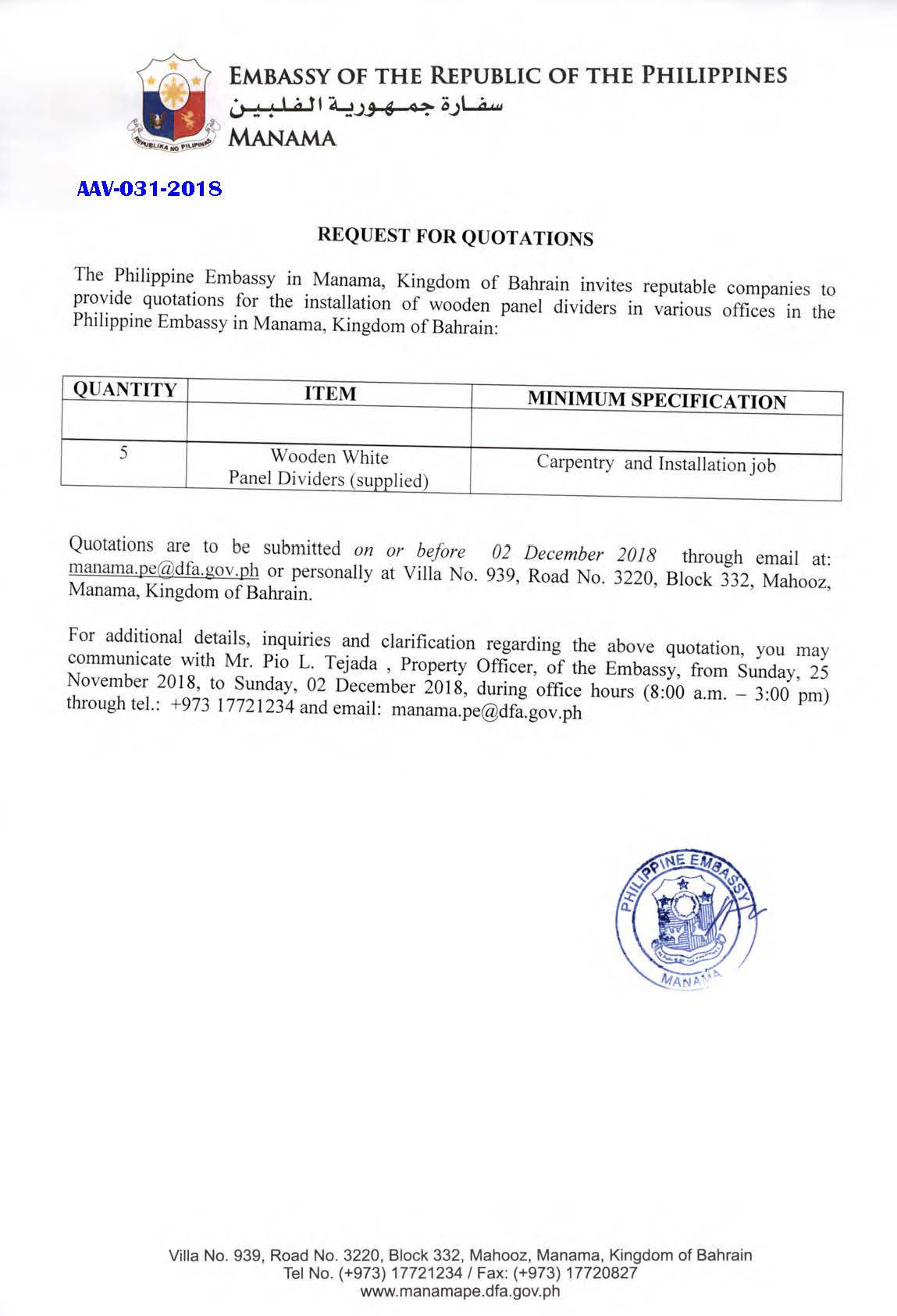 PA AAV 031 2018 Request for Quotations Installation of wooden panel