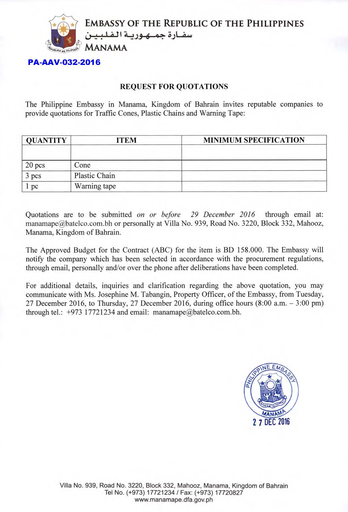 PA AAV 032 2016 Request for Quotations Cone Plastic Chain WarningTape