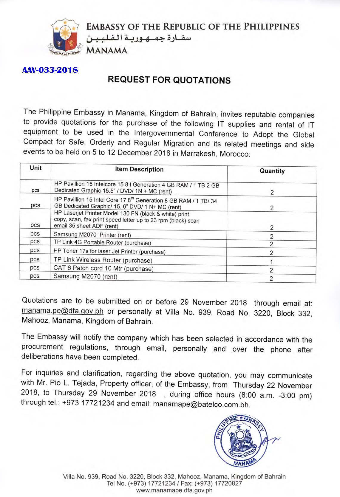 PA AAV 033 2018 Request for Quotations IT Supplies