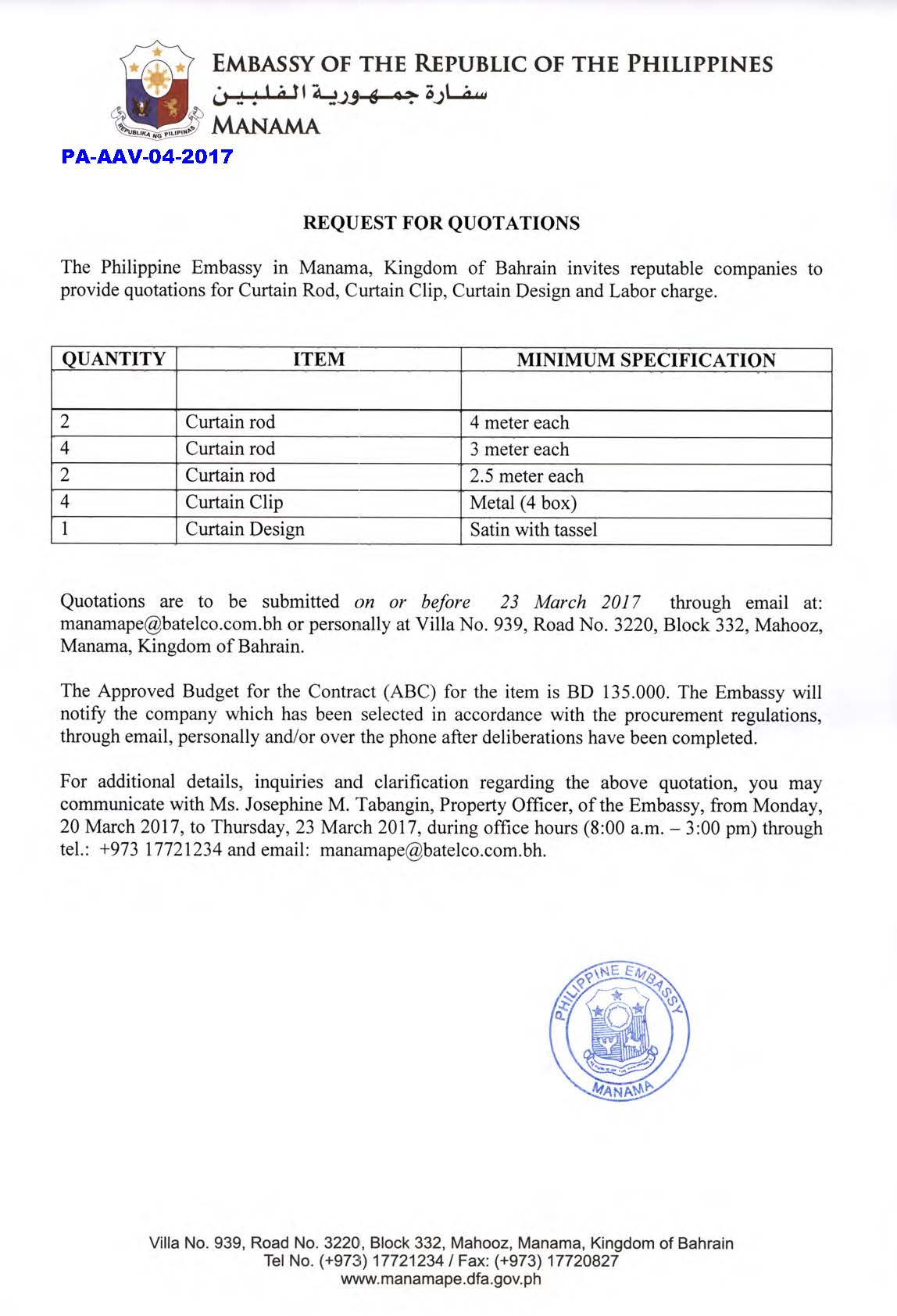 PA AAV 04 2017 Request for Quotations Curtain Rod Clip Design and Labor