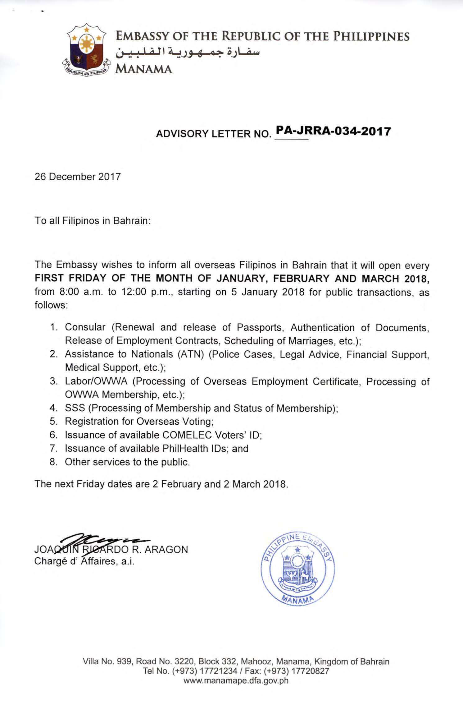 PA JRRA 034 2017 EMBASSY OPENS FIRST FRIDAY OF THE MONTH OF JANUARY FEBRUARY AND MARCH 2018