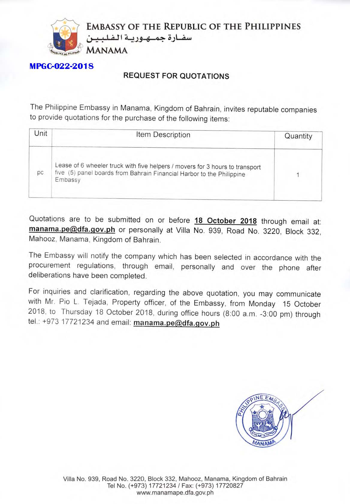 PA MPGC 022 2018 Request for Quotations 6 wheeler truck with 5 helpers