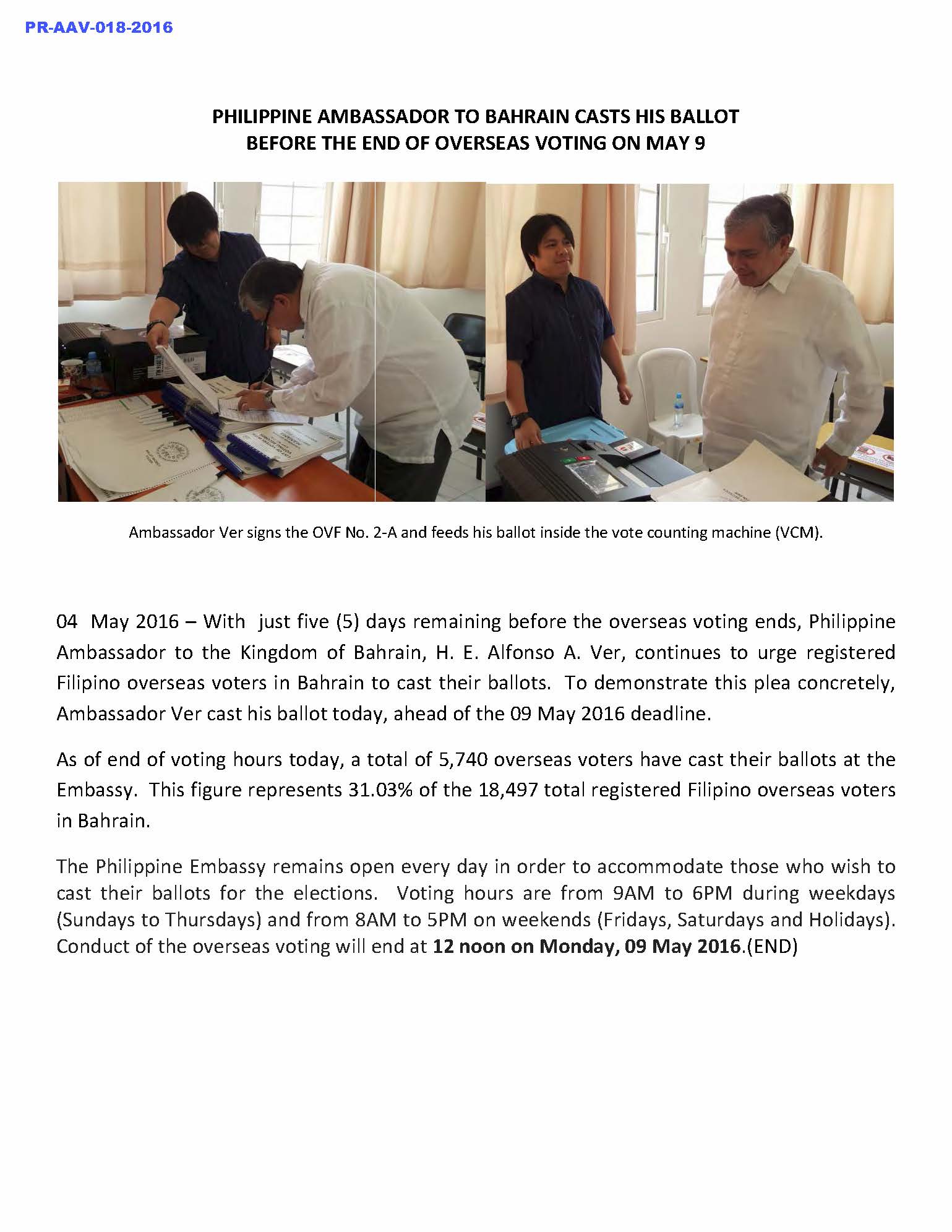 PHILIPPINE AMBASSADOR TO BAHRAIN CAST HIS BALLOTS