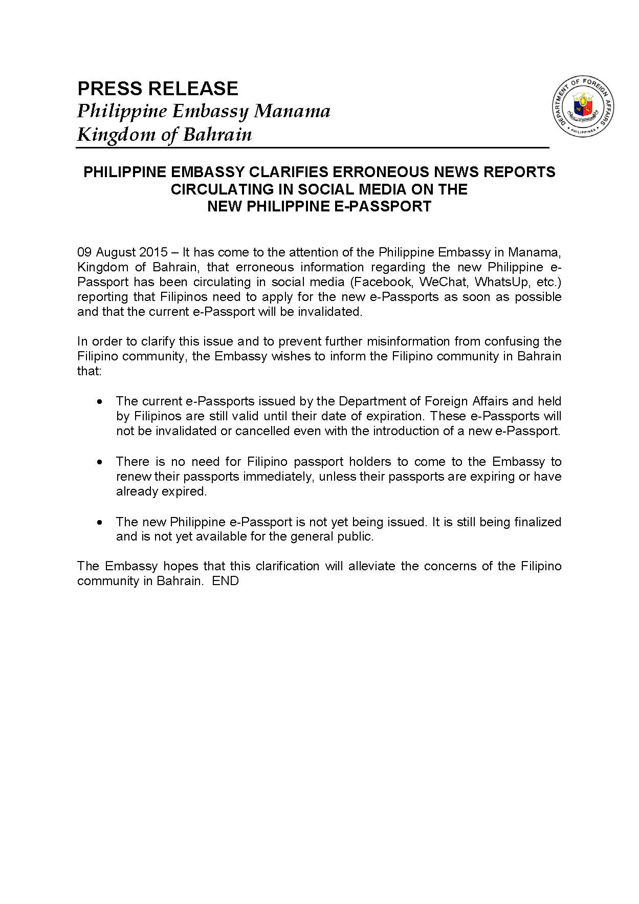 PHILIPPINE EMBASSY CLARIFIES ERRONEOUS NEWS REPORTS CIRCULATING IN SOCIAL MEDIA ON THE  09 August 2015