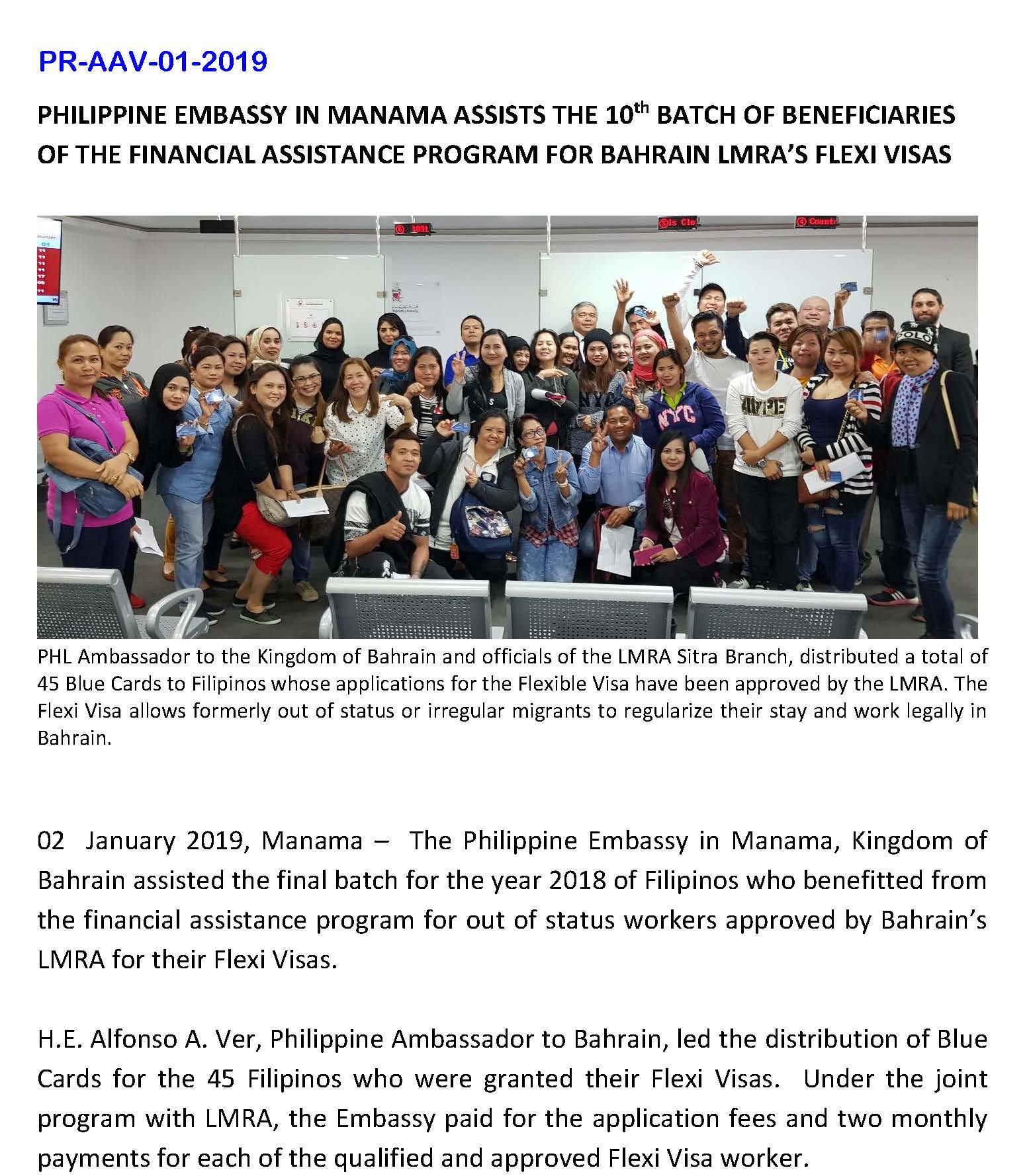 PR AAV 01 2019 PE Manama Assists the 10th Batch of Beneficiaries of the Financial Assistance Program for Bahrain LMRAs FLEXI Visas Page 1