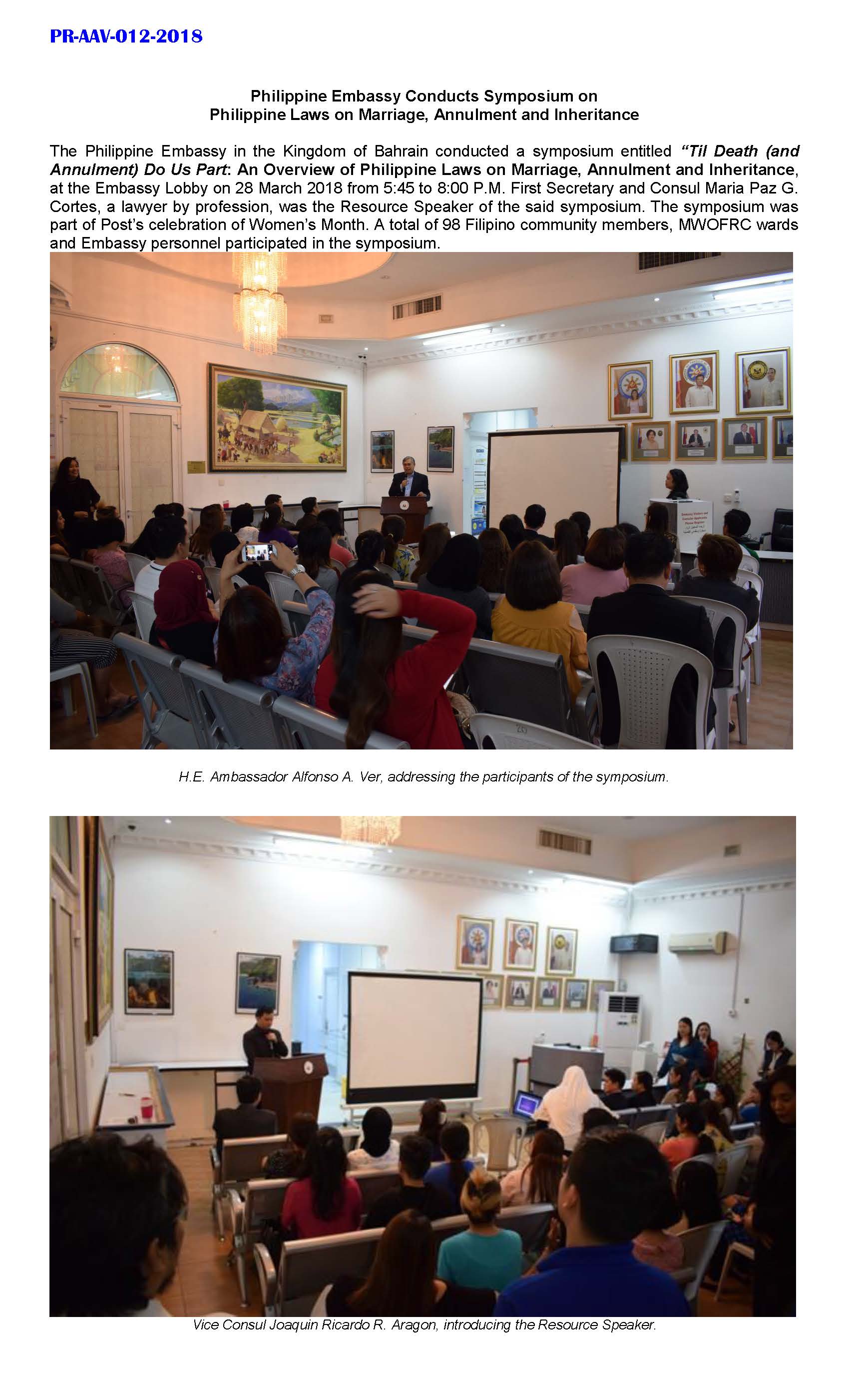 PR AAV 012 2018 Phil Embassy Conducts Symposium on Philippine Laws on Marriage Annulment and Inheritance Page 1