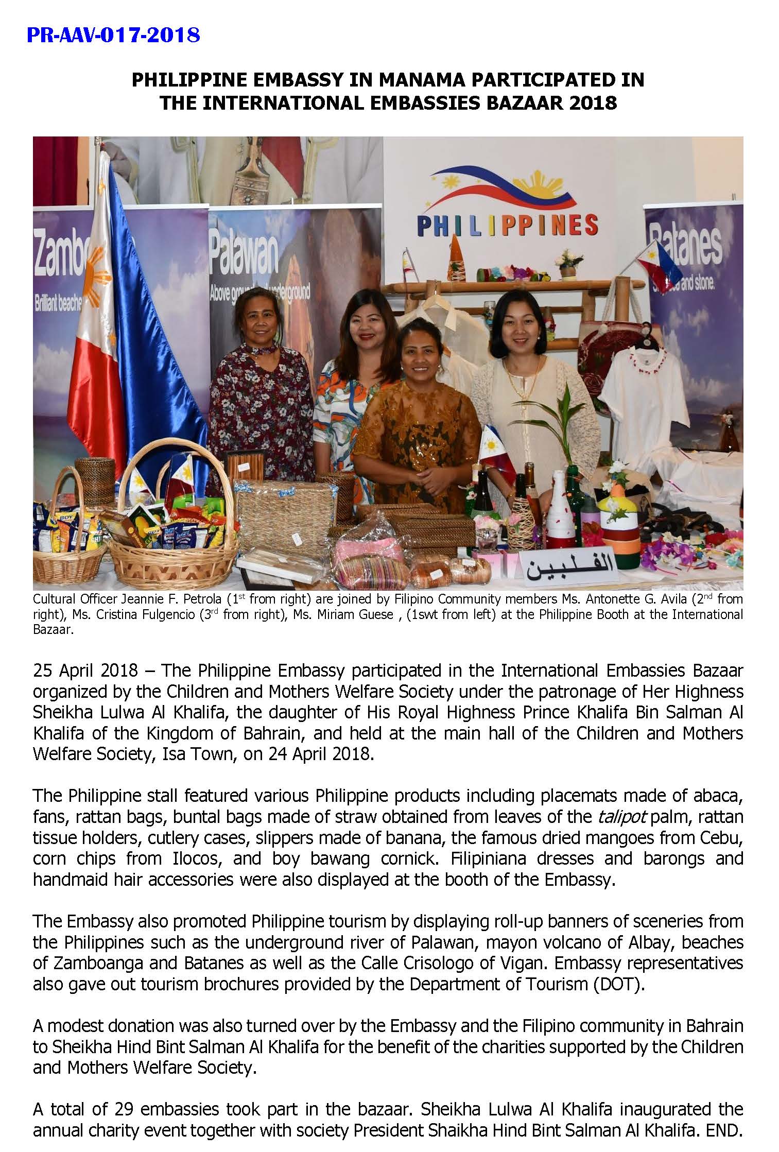 PR AAV 017 2018 Phil Embassy Participated in the International Embassies Bazaar Page 1