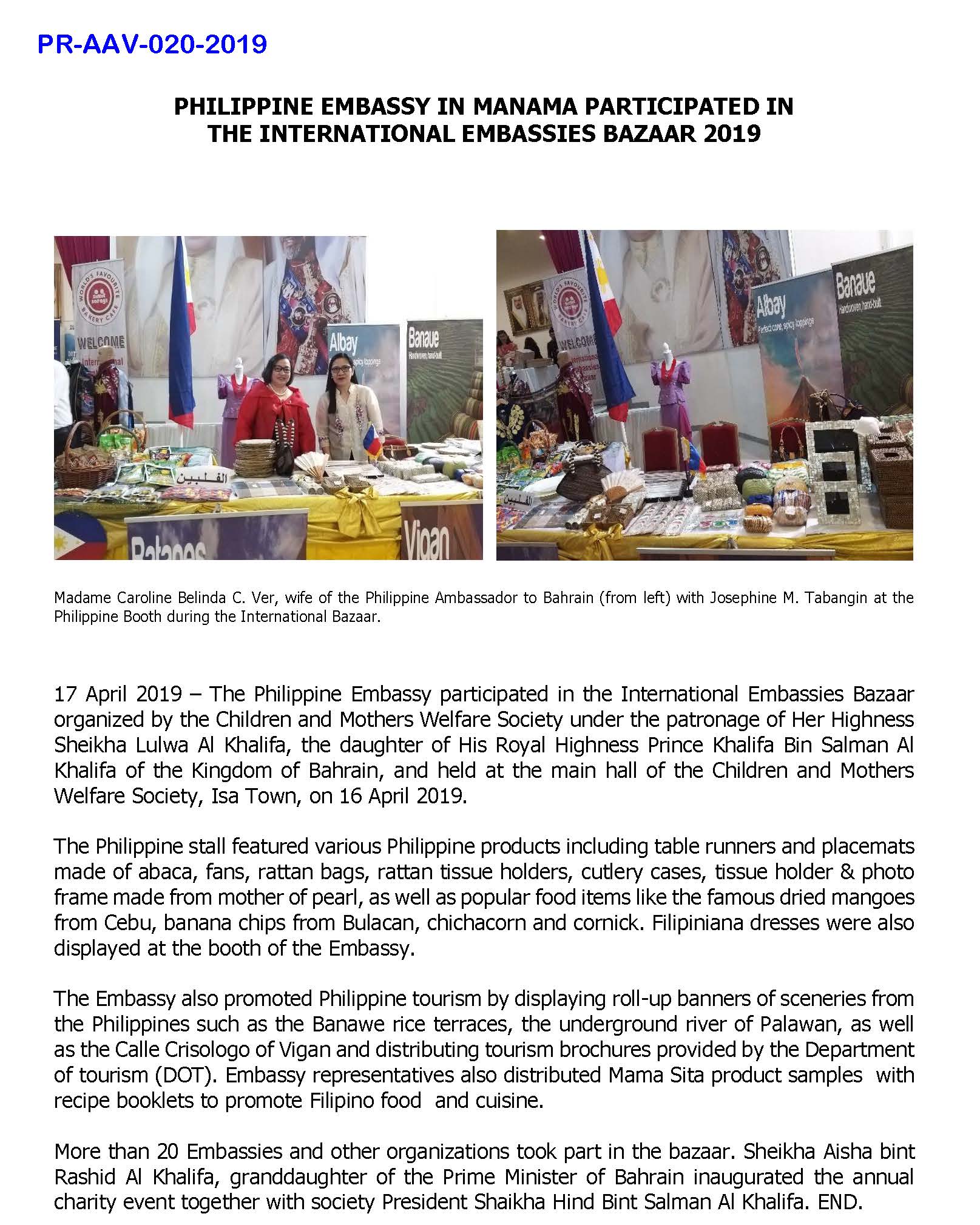 PR AAV 020 2019 PHILIPPINE EMBASSY IN MANAMA PARTICIPATED IN THE INTERNATIONAL EMBASSIES BAZAAR 2019 Page 1
