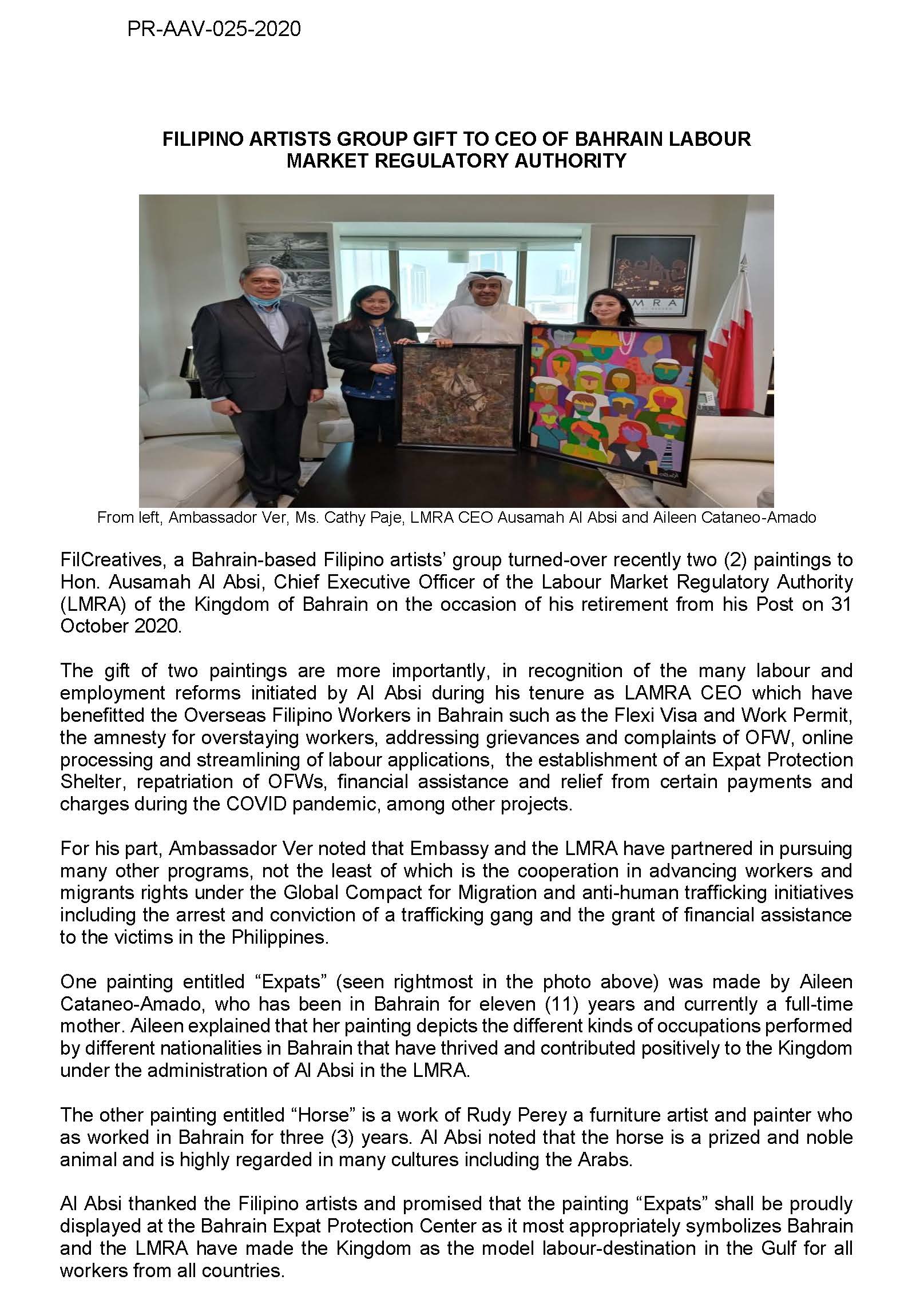 PR AAV 025 2020 FILIPINO ARTIST GROUP TURNS OVER PAINTINGS TO THE LMRA