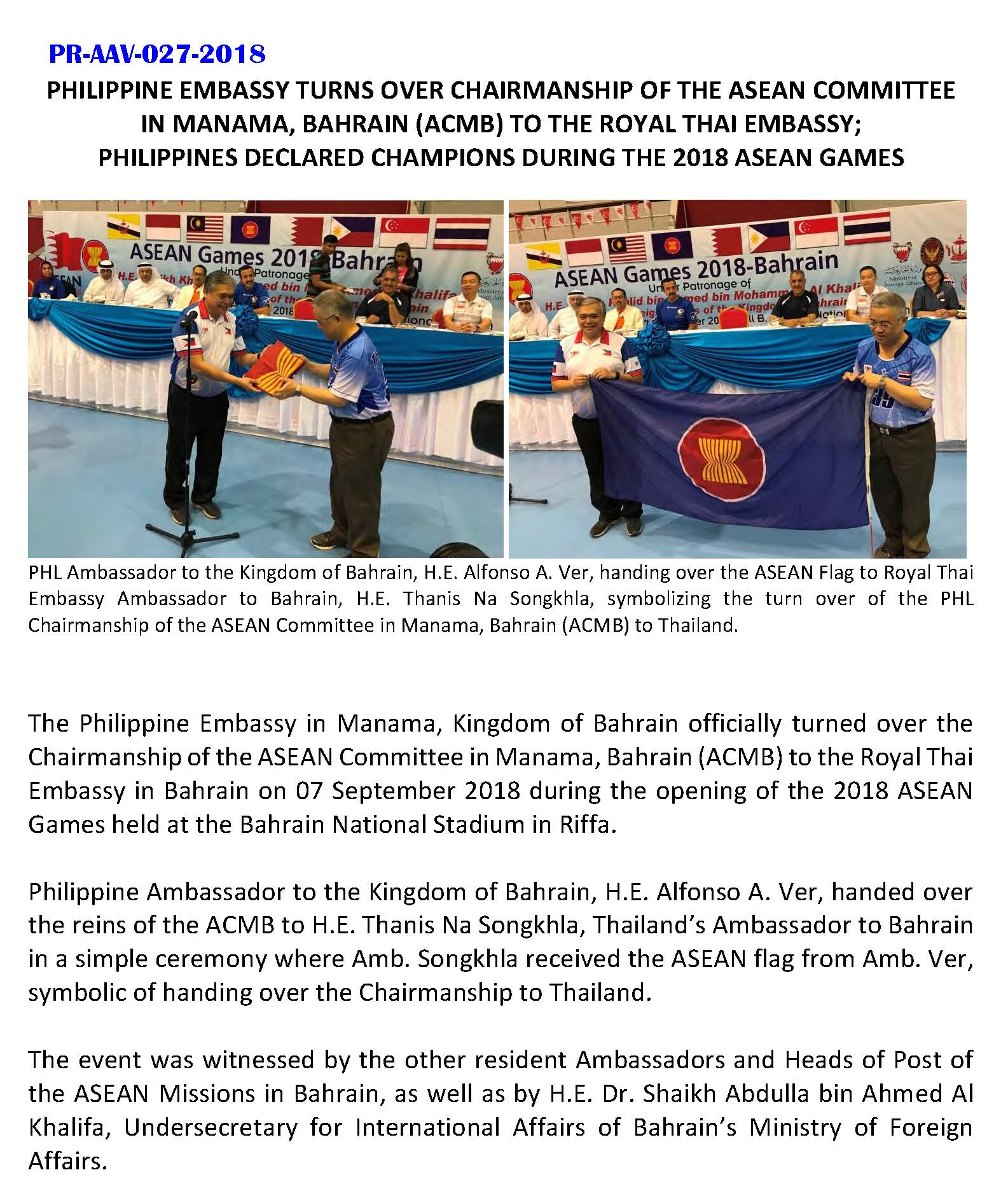 PR AAV 027 2018 TURNOVER OF CHAIRMANSHIP OF ASEAN COMMITTEE IN MANAMA BAHRAIN ACMB TO THE ROYAL THAI EMBASSY Page 1