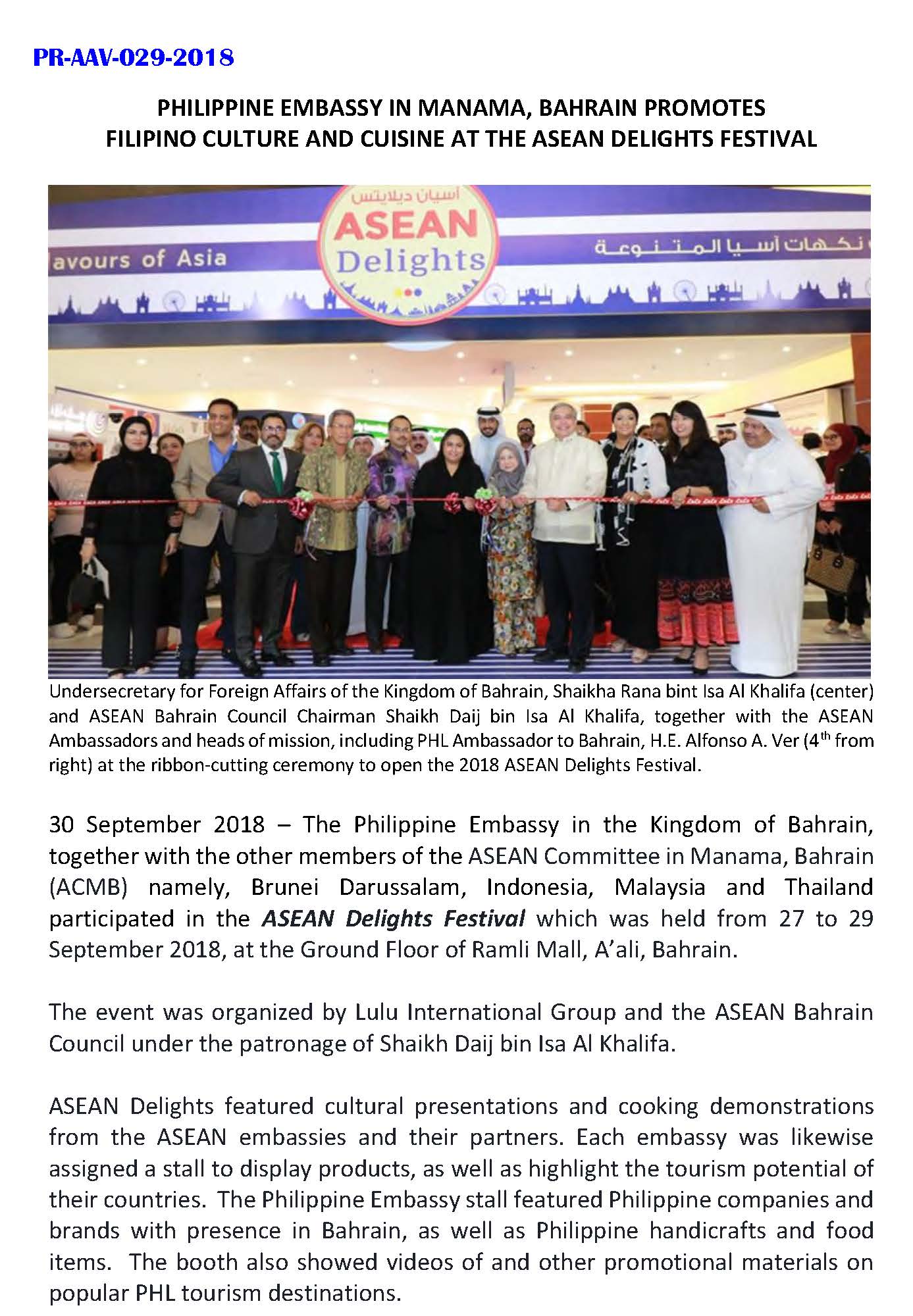 PR AAV 029 2018 Phil Embassy in ManamaBahrains Promotes Filipino Culture ans Cuisine at the ASEAN Delights Festival Page 1