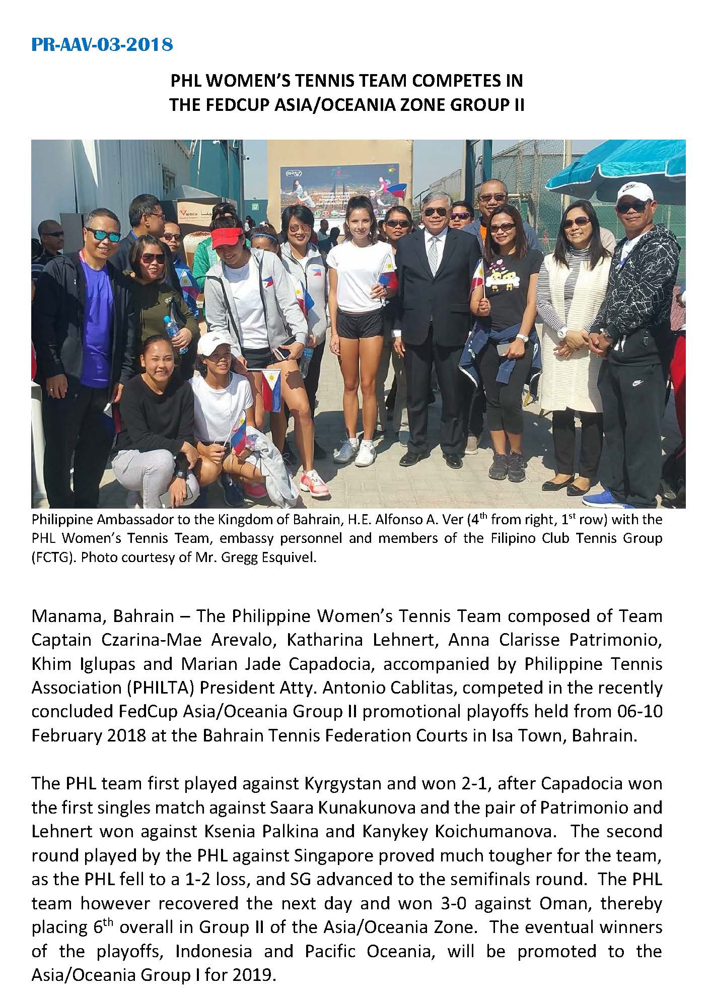 PR AAV 03 2018 PHILIPPINE TENNIS TEAM COMPETES IN FEDCUP ASIA OCEANA ZONE GROUP Page 1