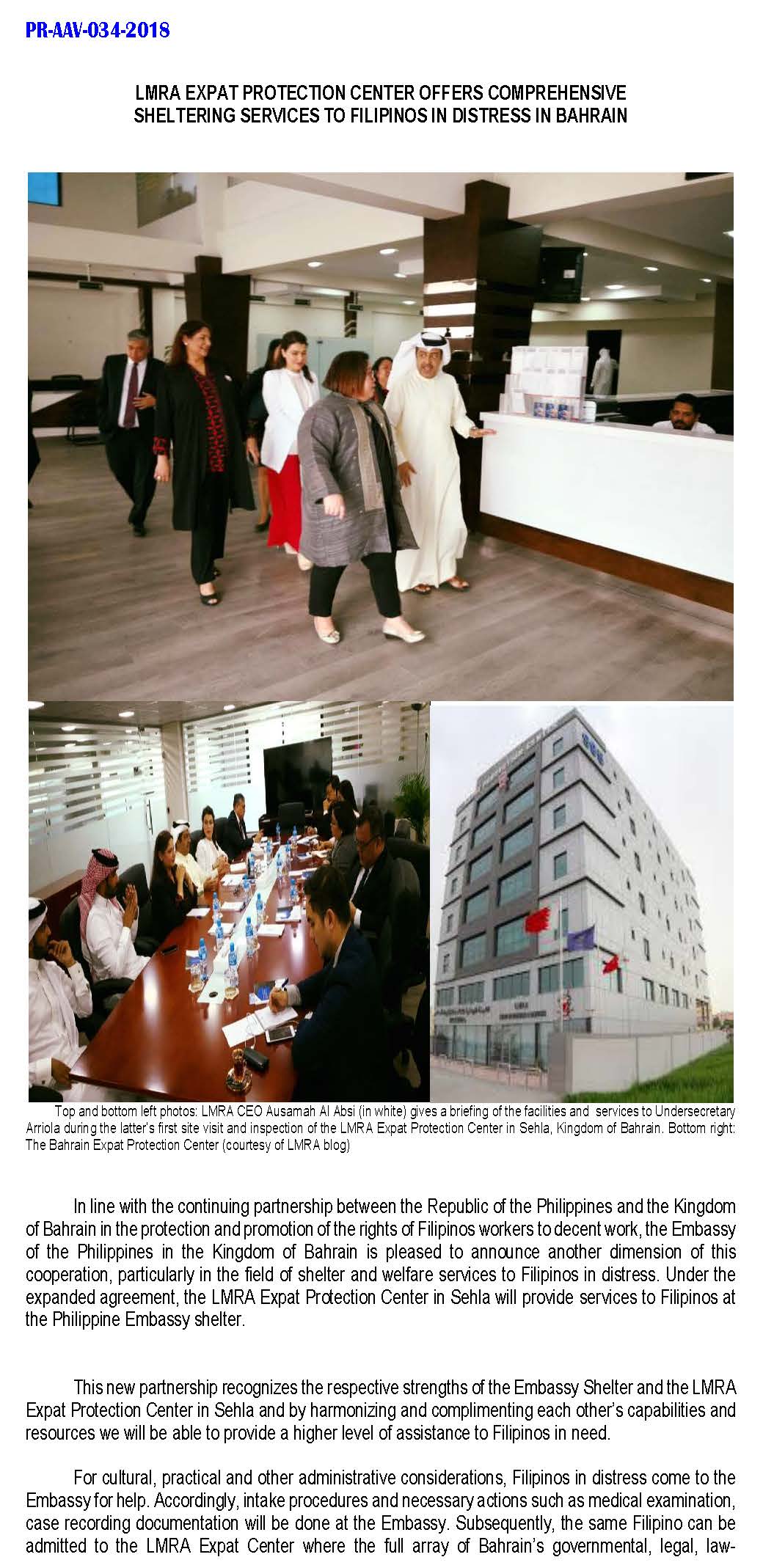 PR AAV 034 2018 LMRA Expat Protection Offers comprehensive sheltering services to Filipinos in Distress in Bahrain Page 1