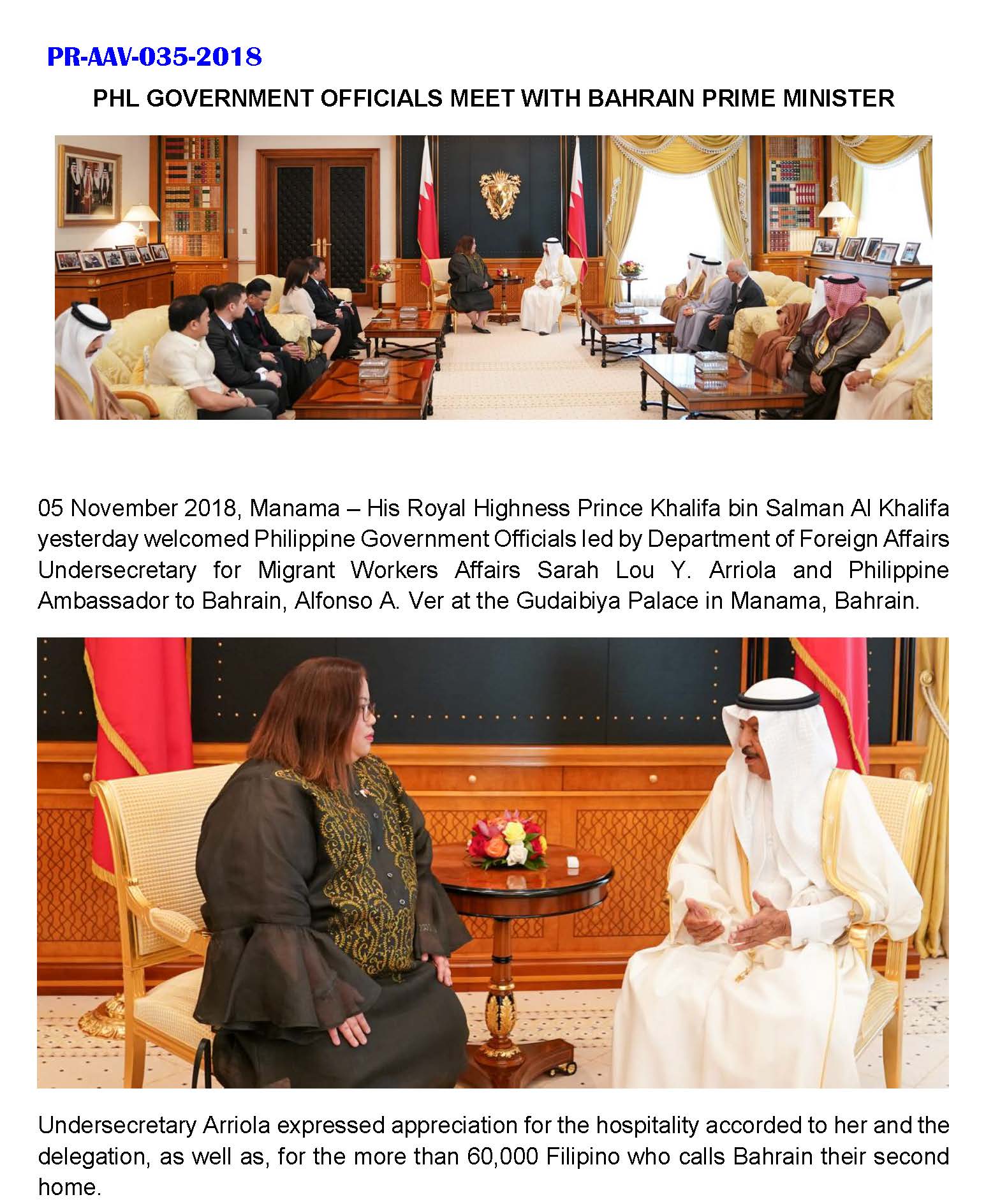 PR AAV 035 2018 PHL GOVERNMENT OFFICIALS MEET WITH BAHRAIN PRIME MINISTER Page 1