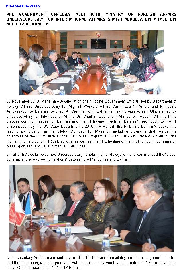 PR AAV 036 2018 Phl. Govt Officials meet with MOFA Usec. for International Affairs Shaikh Abdulla Bin Ahmed bin Abdulla Al Khalifa Page 1
