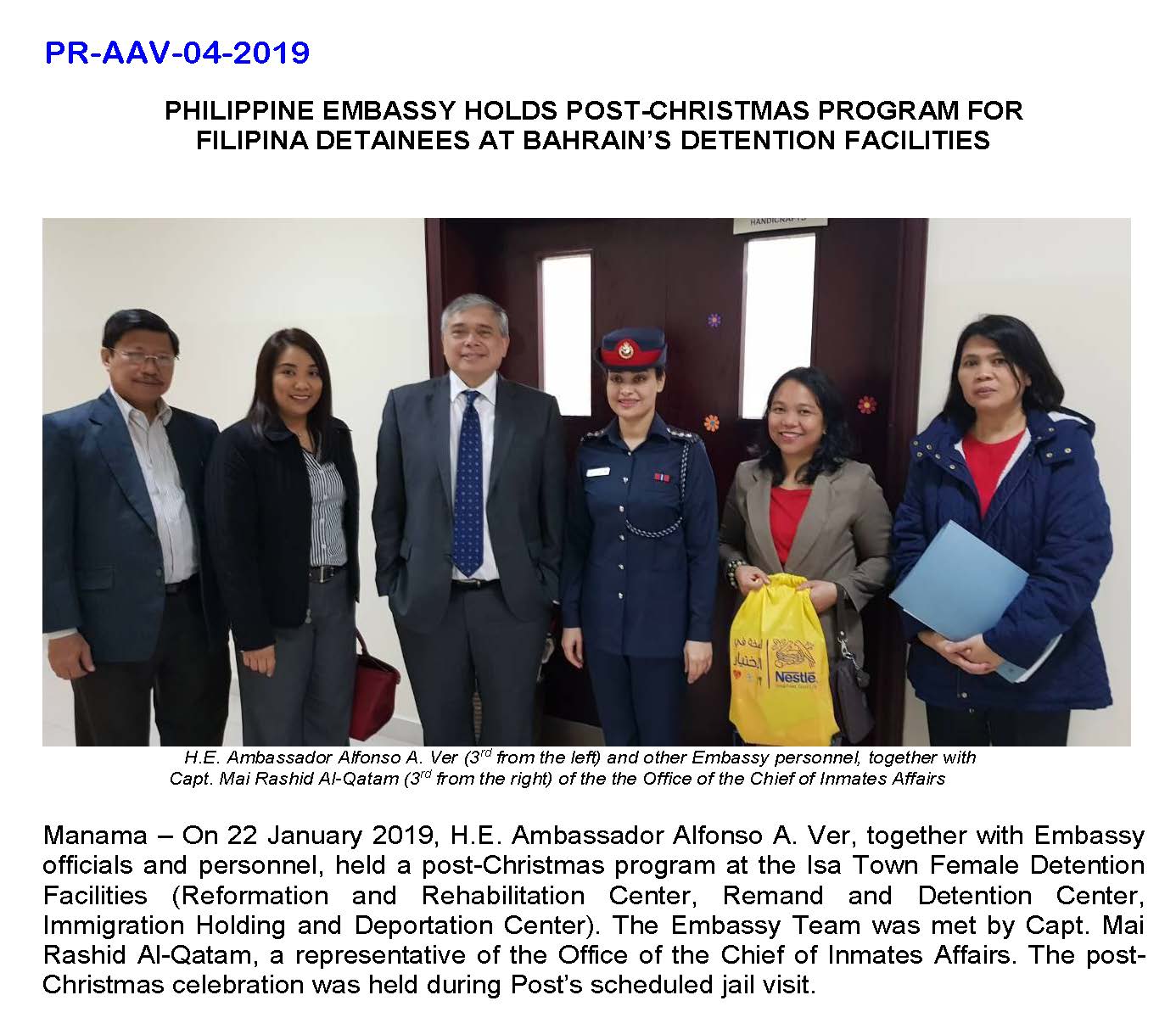 PR AAV 04 2019 PHILIPPINE EMBASSY HOLDS POST CHRISTMAS PROGRAM FOR FILIPINA DETAINEES AT BAHRAINS DETENTION FACILITIES Page 1