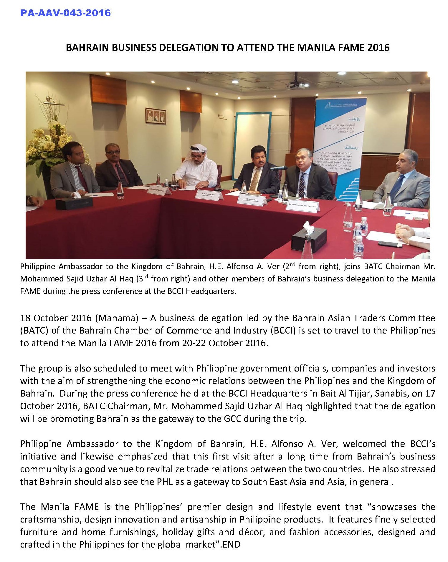 PR AAV 043 2016 Bahrain Business Delegation to Attend the Manila FAME 2016