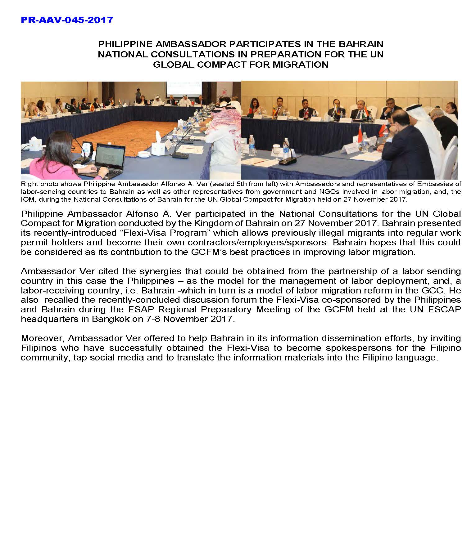 PR AAV 045 2017 National Consultation in Preparation for the UN Global Compact for Migration