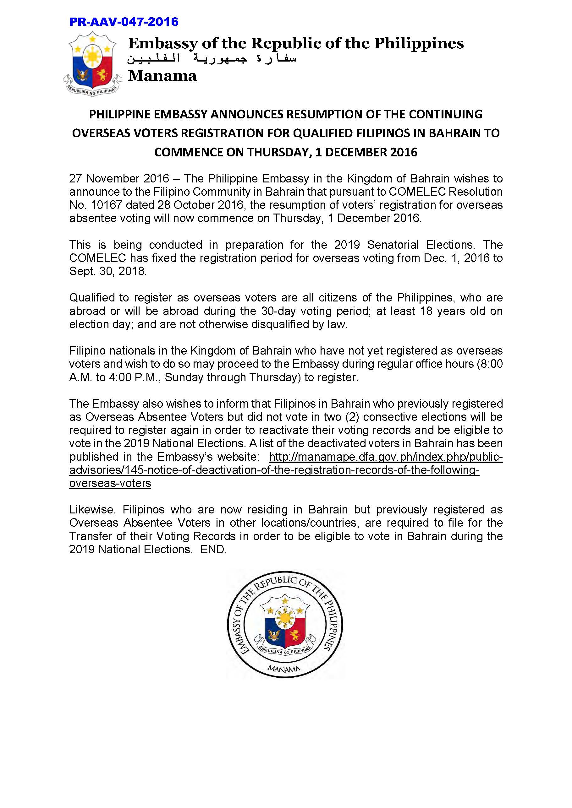 PR AAV 047 2016 Resupmtion of the Continuing Overseas Voters Registration