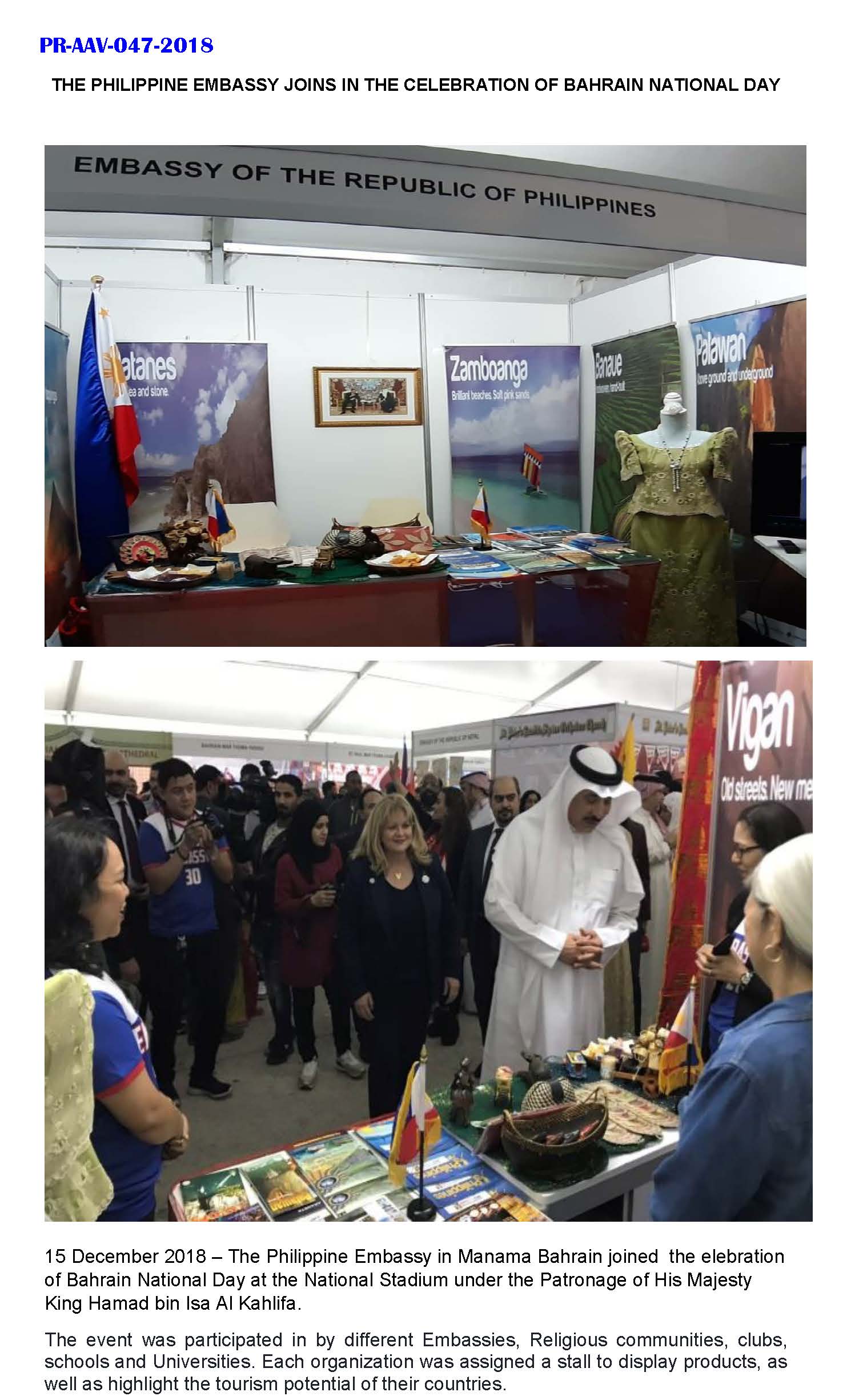 PR AAV 047 2018 THE PHILIPPINE EMBASSY JOIN IN THE CALEBRATION OF BAHRAIN NATIONAL DAY. Page 1