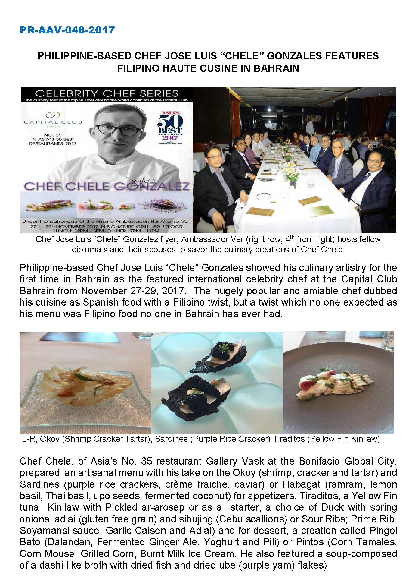 PR AAV 048 2017 PHILIPPINE BASED CHEF JOSE LUIS CHELE GONZALES FEATURES FILIPINO HAUTE CUSINE IN BAHRAIN Page 1
