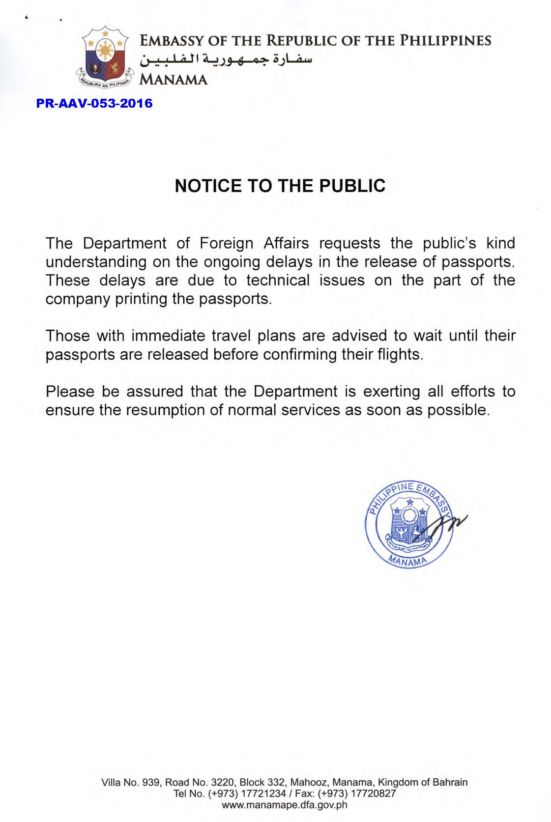 PR AAV 053 2016 Notice to the Public ongoing delays in the release of passports 