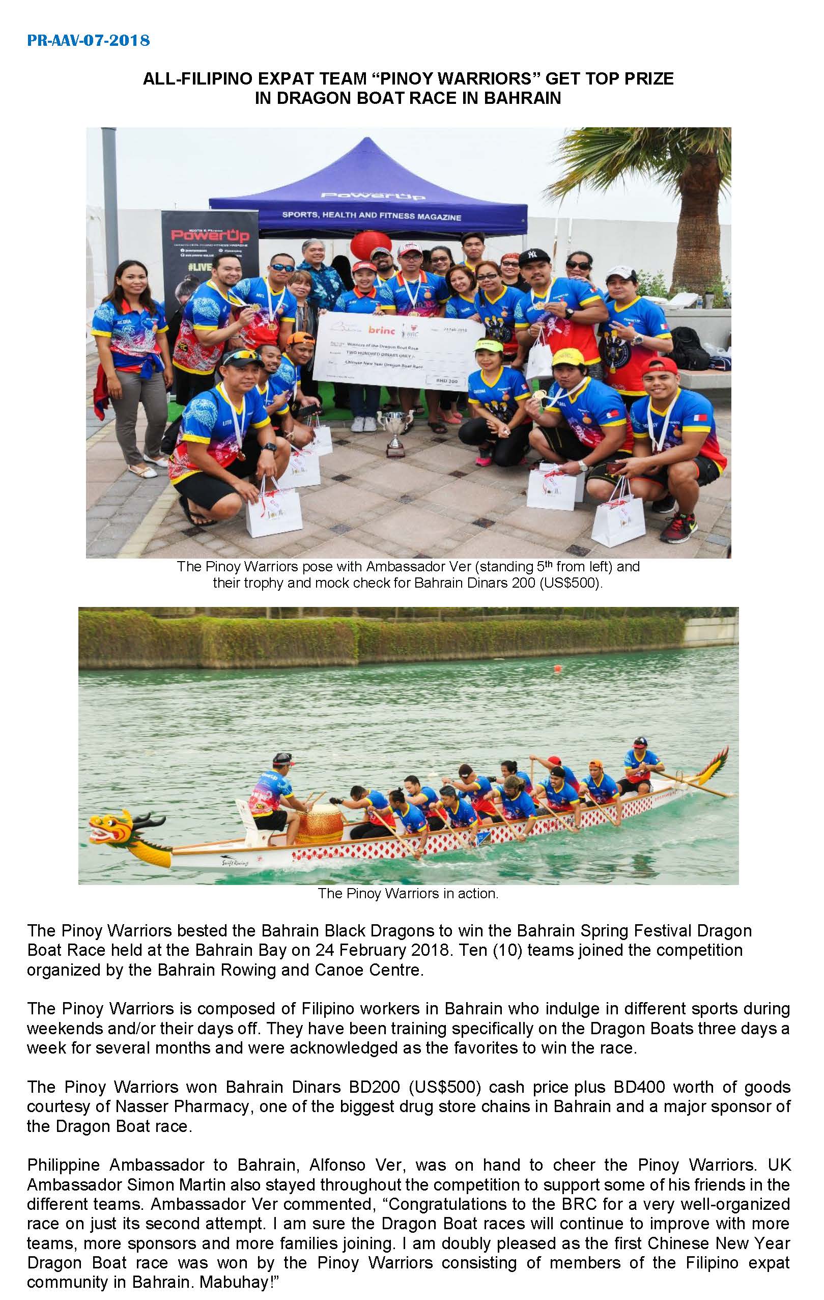 PR AAV 07 2018 Filipino Team wins Bahrain Dragon Boat Race