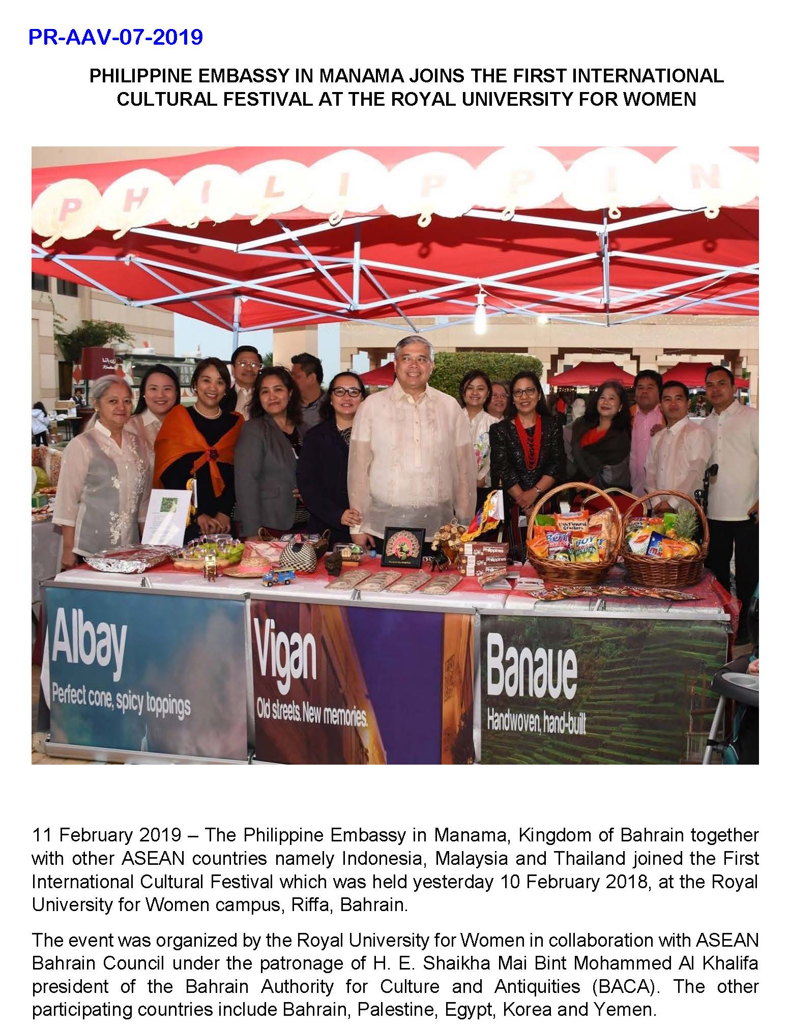 PR AAV 07 2019 PHILIPPINE EMBASSY IN MANAMA JOINS THE FIRST INTERNATIONAL CULTURAL FESTIVAL AT THE ROYAL UNIVERSITY FOR WOMEN Page 1