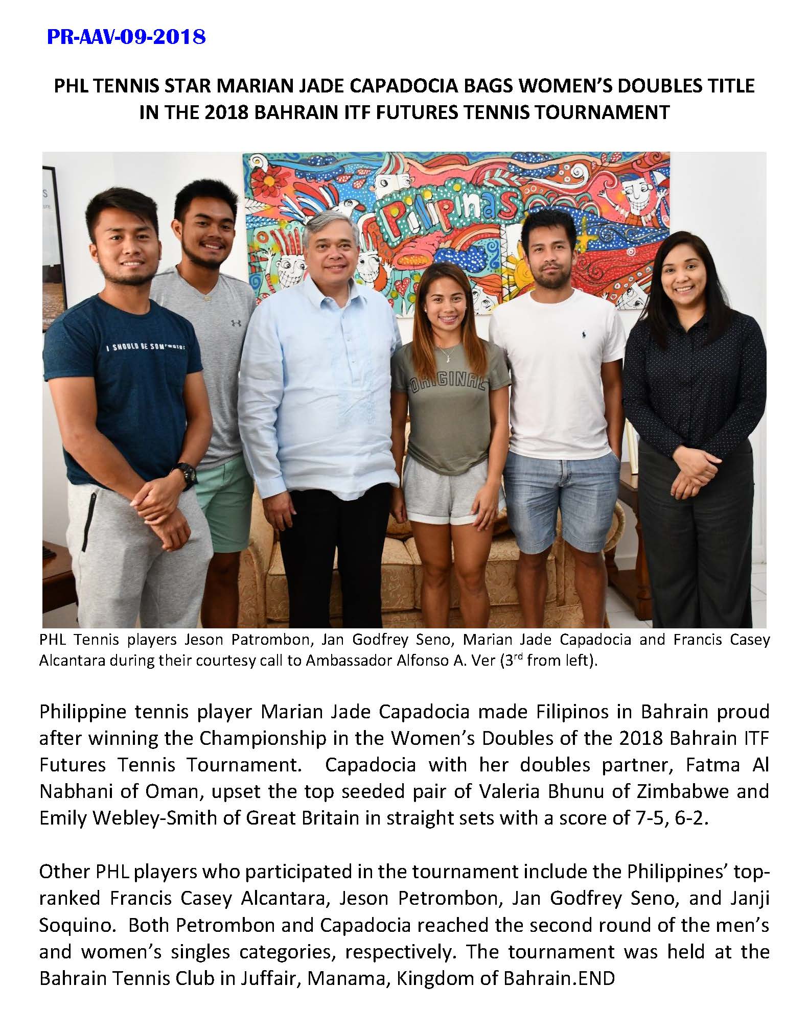 PR AAV 09 2018 Philippines Marian Jade Capadocia Wins in the 2018 Bahrain ITF Futures Tennis Tournament Page 1