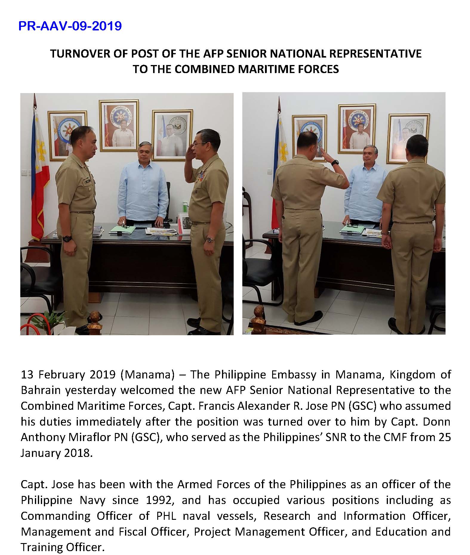 PR AAV 09 2019 TURNOVER OF POST OF THE AFP SENIOR NATIONAL REPRESENTATIVE Page 1