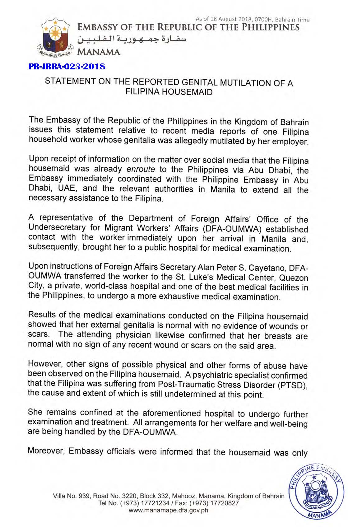 PR JRRA 023 2018 Statement on the Reported Genital Mutilation of a Filipina Housemaid Page 1