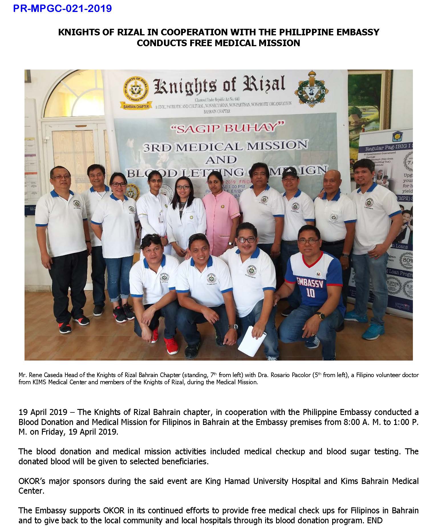 PR MPGC 021 2019 Knights of Rizal Bahrain Chapter in Cooperation with the Phil Embassy Conducts Free Medical Mission Page 1