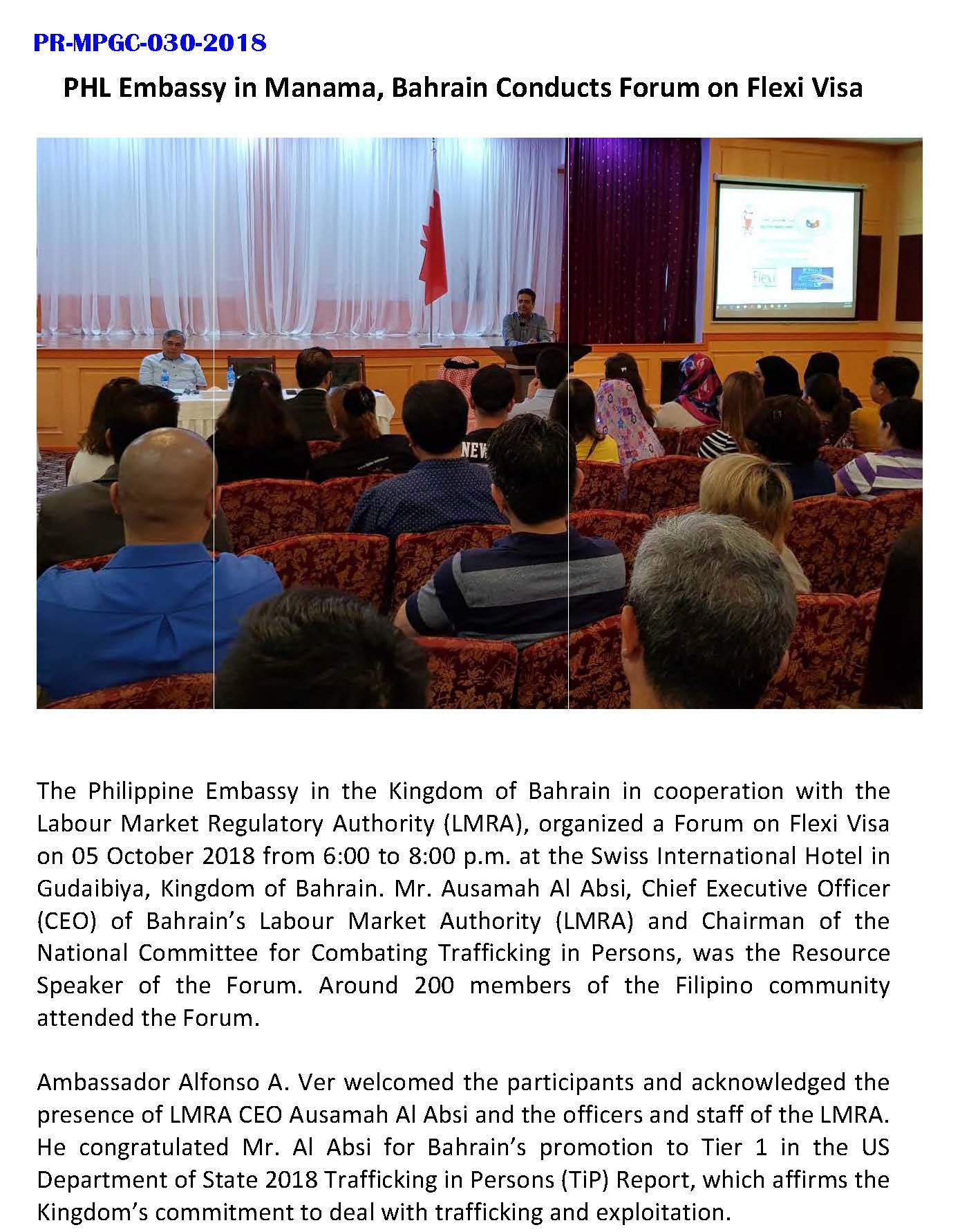 PR MPGC 030 2018 Phl. Embassy in Manama Bahrain Conducts Forum on Flexi Visa Page 1