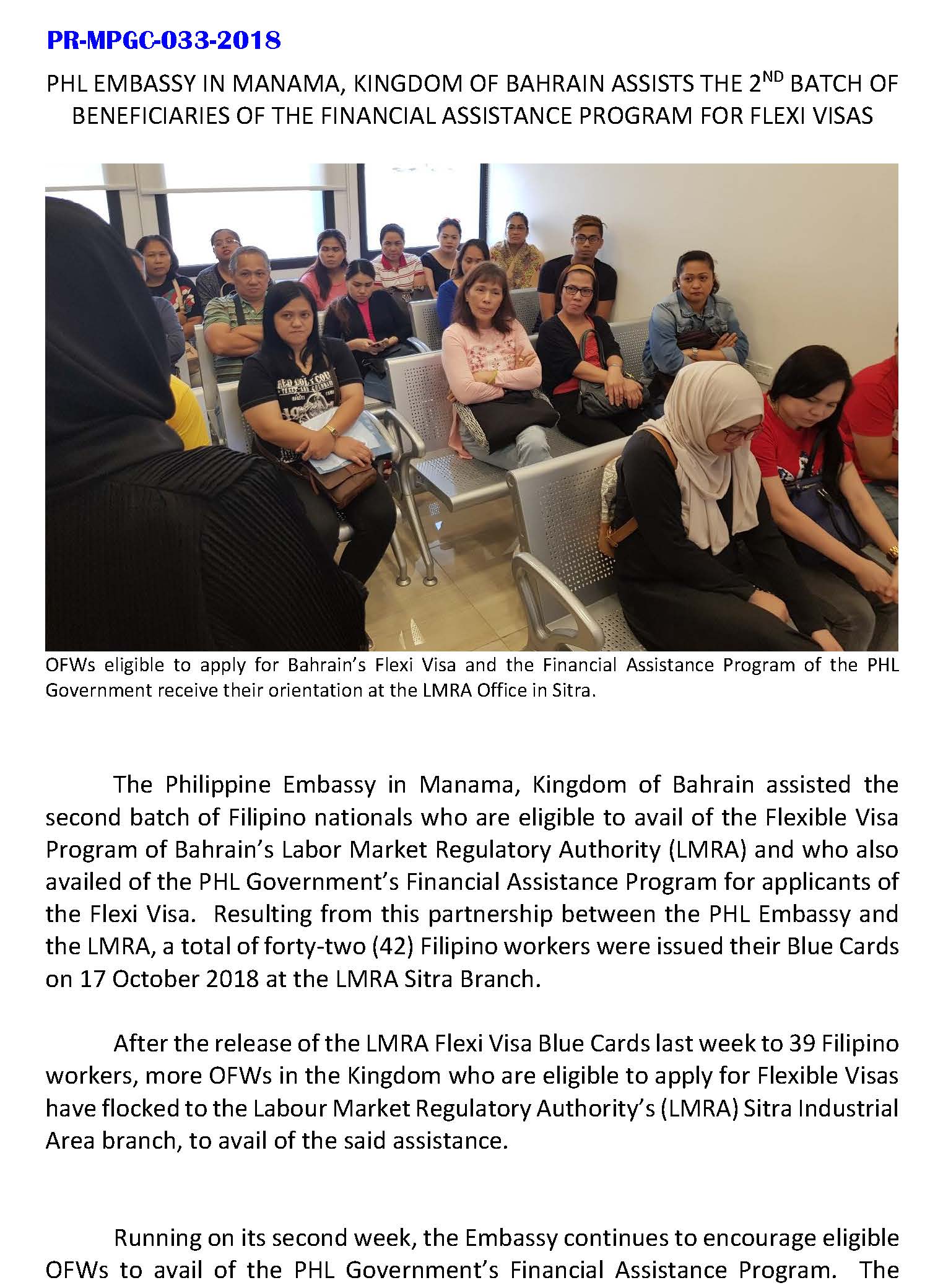 PR MPGC 033 2018 Phl Embassy in Manama Kingdom of Bahrain Assists the 2nd Batch of Benificiaries of the Financial Assistance Program for Flexi Visas Page 1
