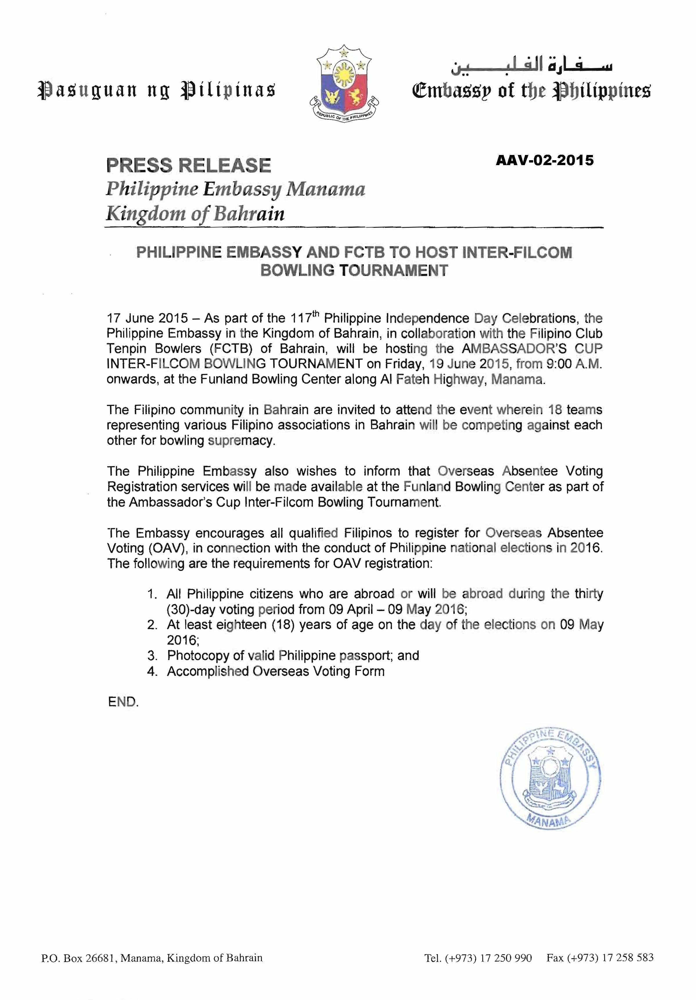 PRESS RELEASE NO-AAV-02-2015  PHILIPPINE EMBASSY AND FCTB TO HOST INTER-FILCOM BOWLING TOURNAMENT