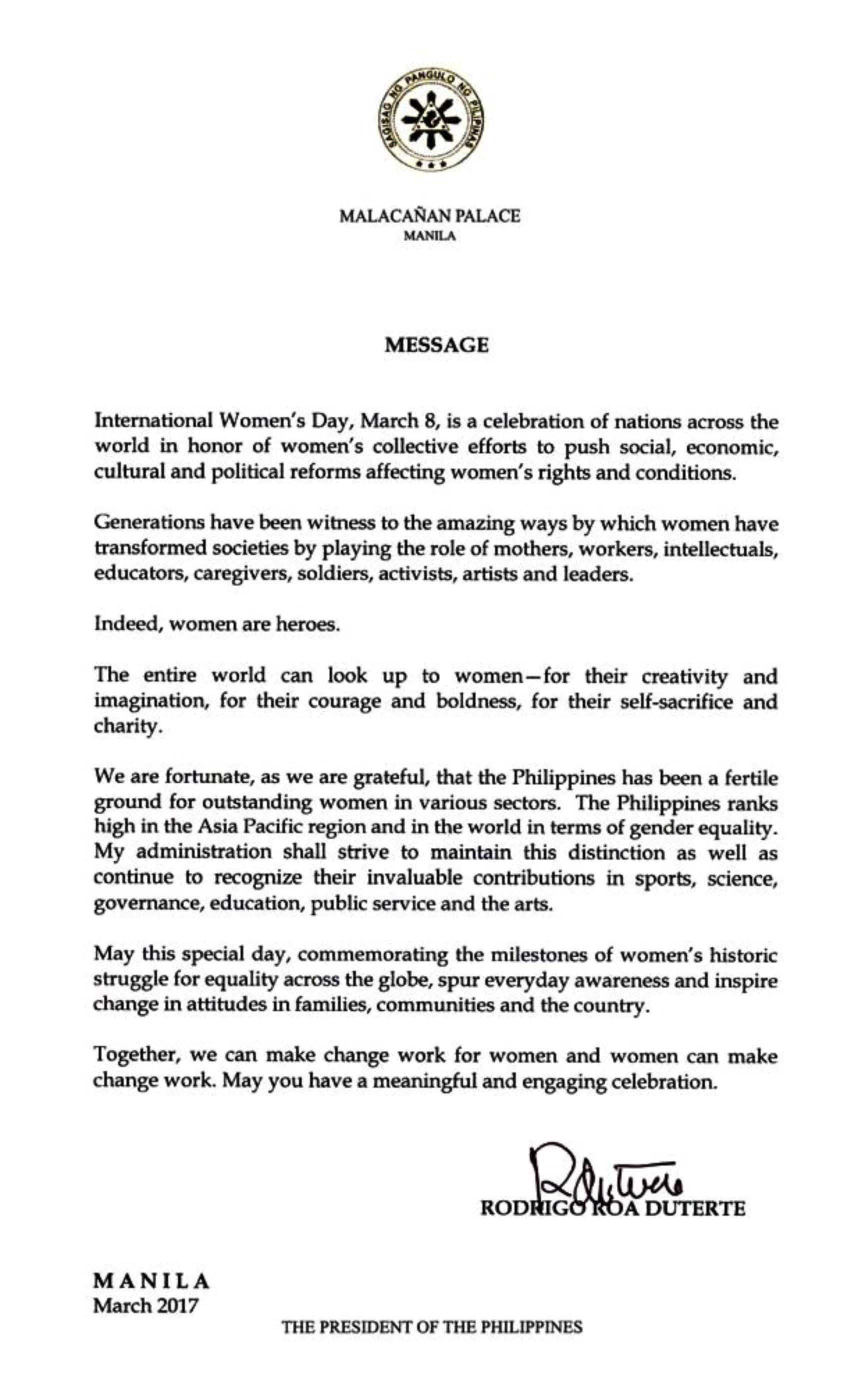 President Rodrigo Roa Dutertes Message during the Celebration of International Womens Day 08 March 2017
