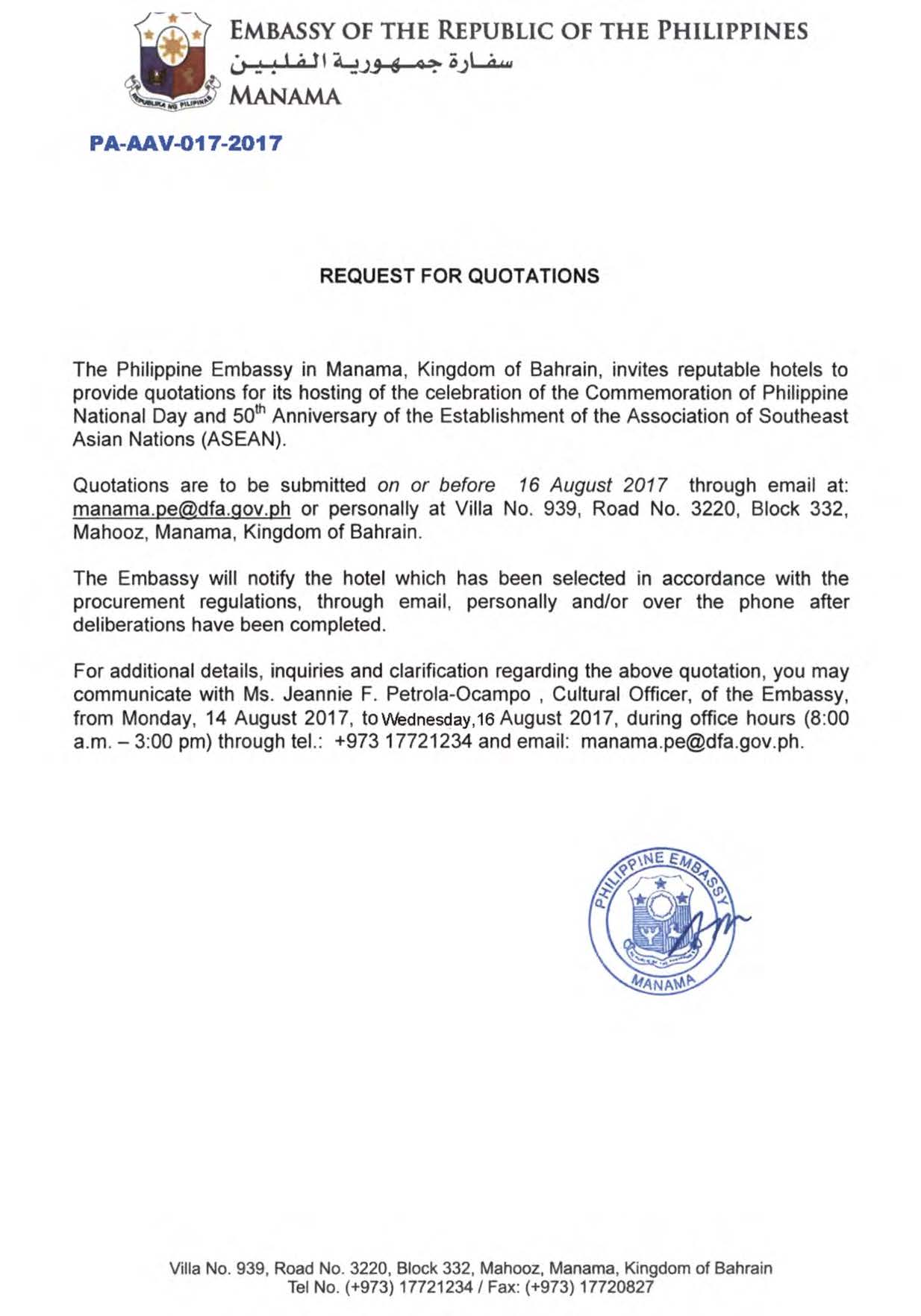 Request for Quotations Hosting of Commemoration of Philippine National Day and 50TH Anniversay of ASEAN