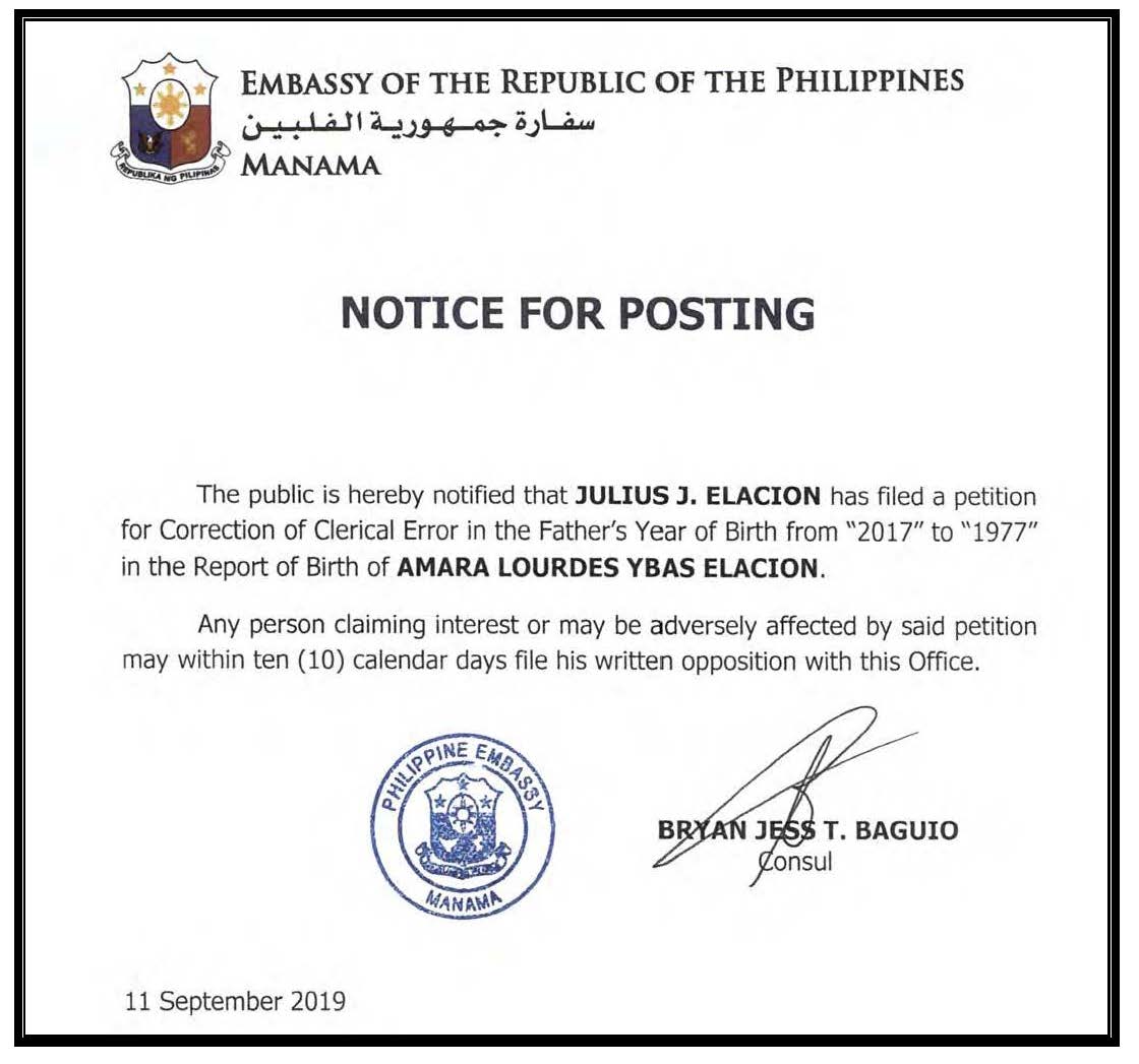 1 Notice of Posting Petition for Correction of Clerical Error of ROB of Amaria Lourdes Elacion