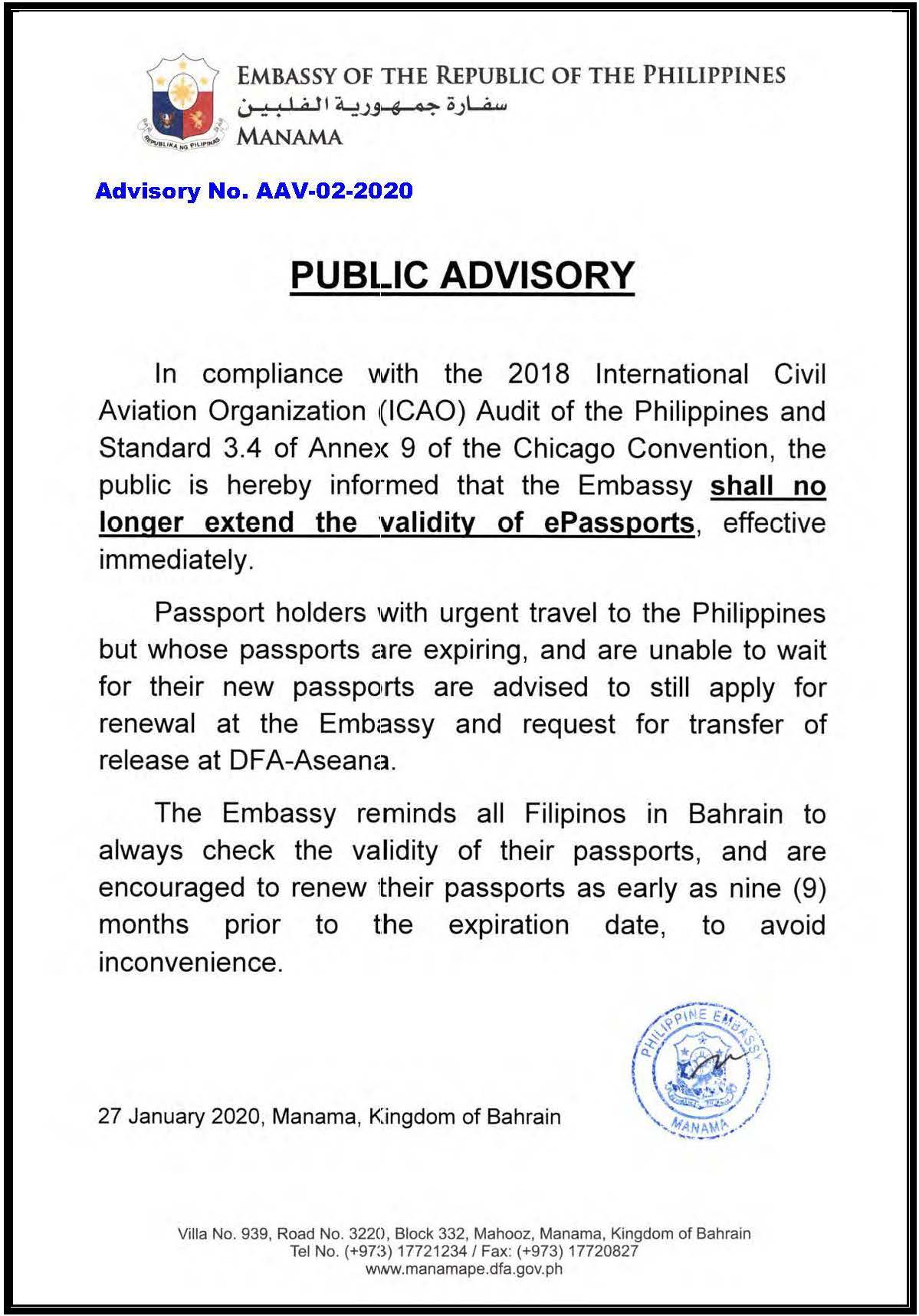 Advisory No. AAV 02 2020 Passport Renewal 9 Months prior to the expiration date