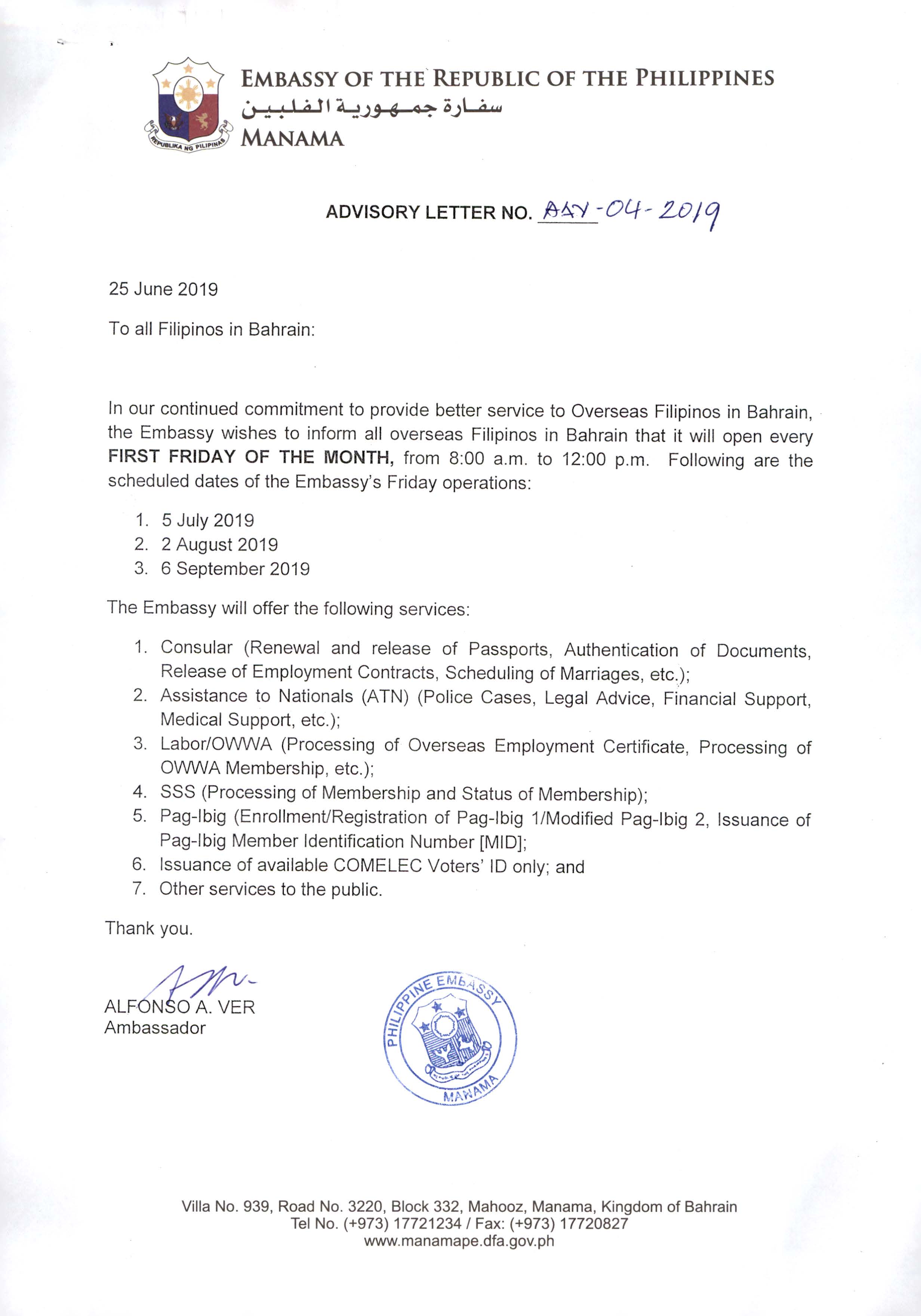 Advisory No. AAV 04 2019 Embassy open every First Friday of the Month Page 1