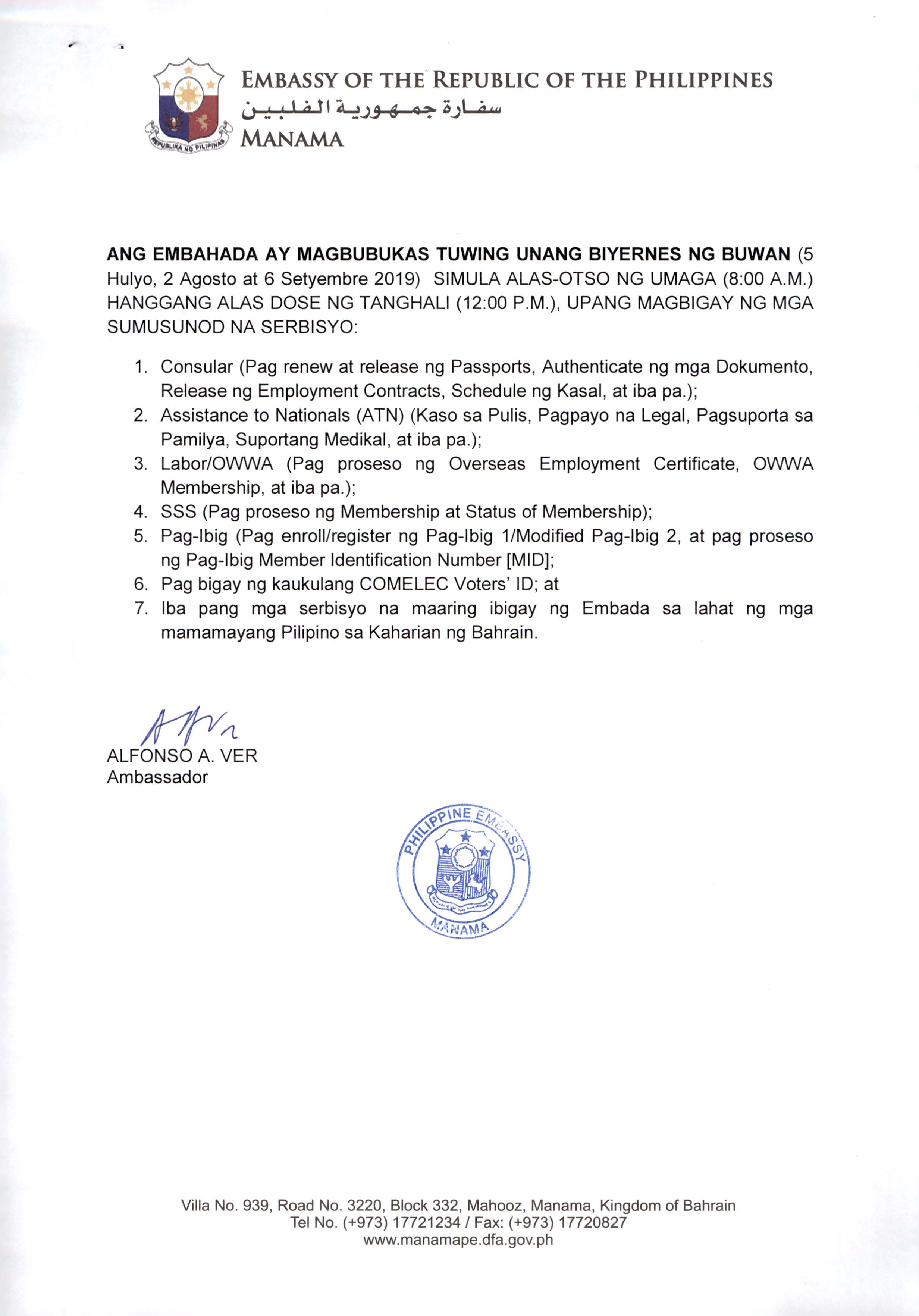 Advisory No. AAV 04 2019 Embassy open every First Friday of the Month Page 2