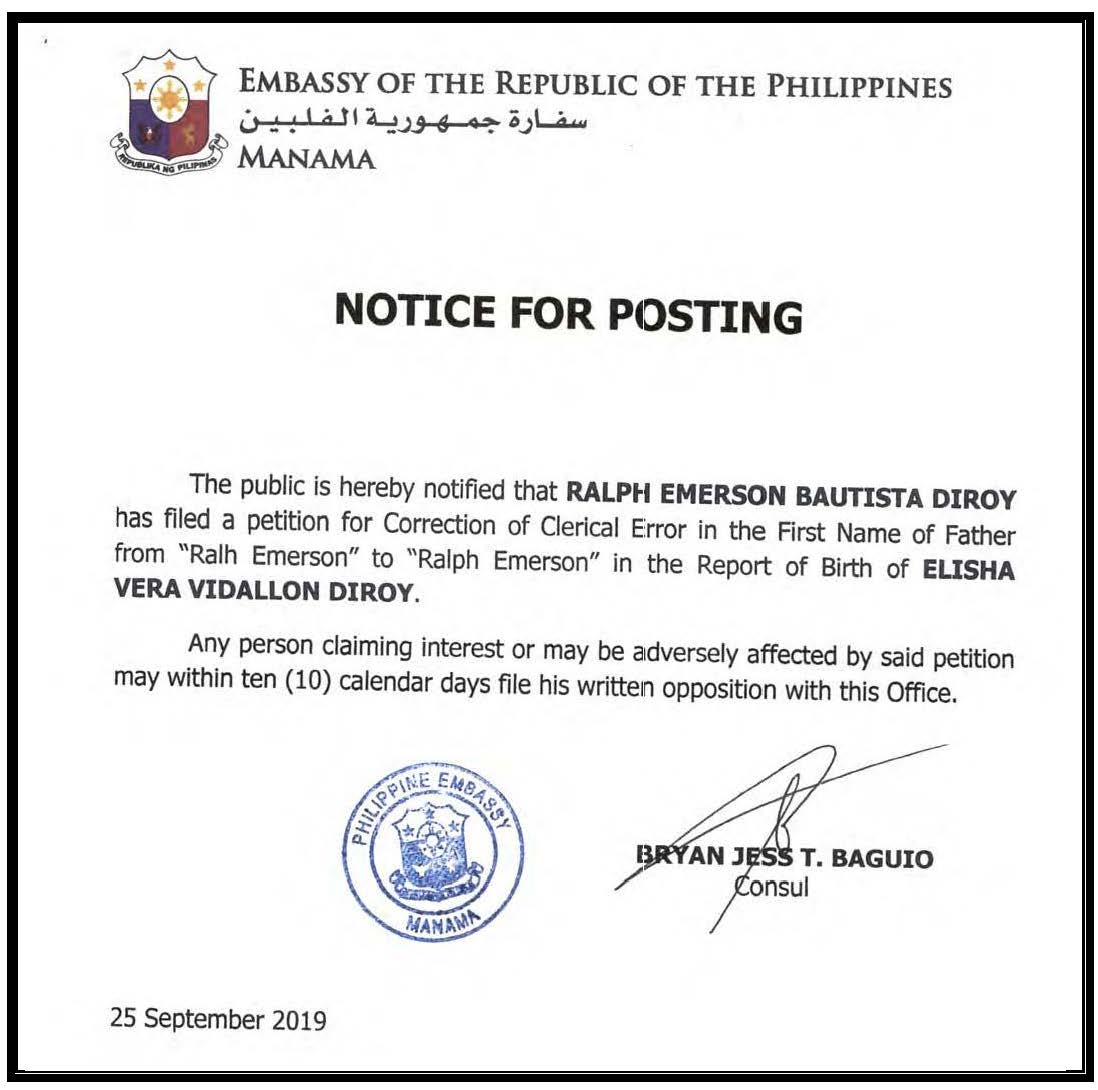 Notice for Posting Petition for Correction of Clerical Error ROB of Elisha Vera Vidallon Diroy
