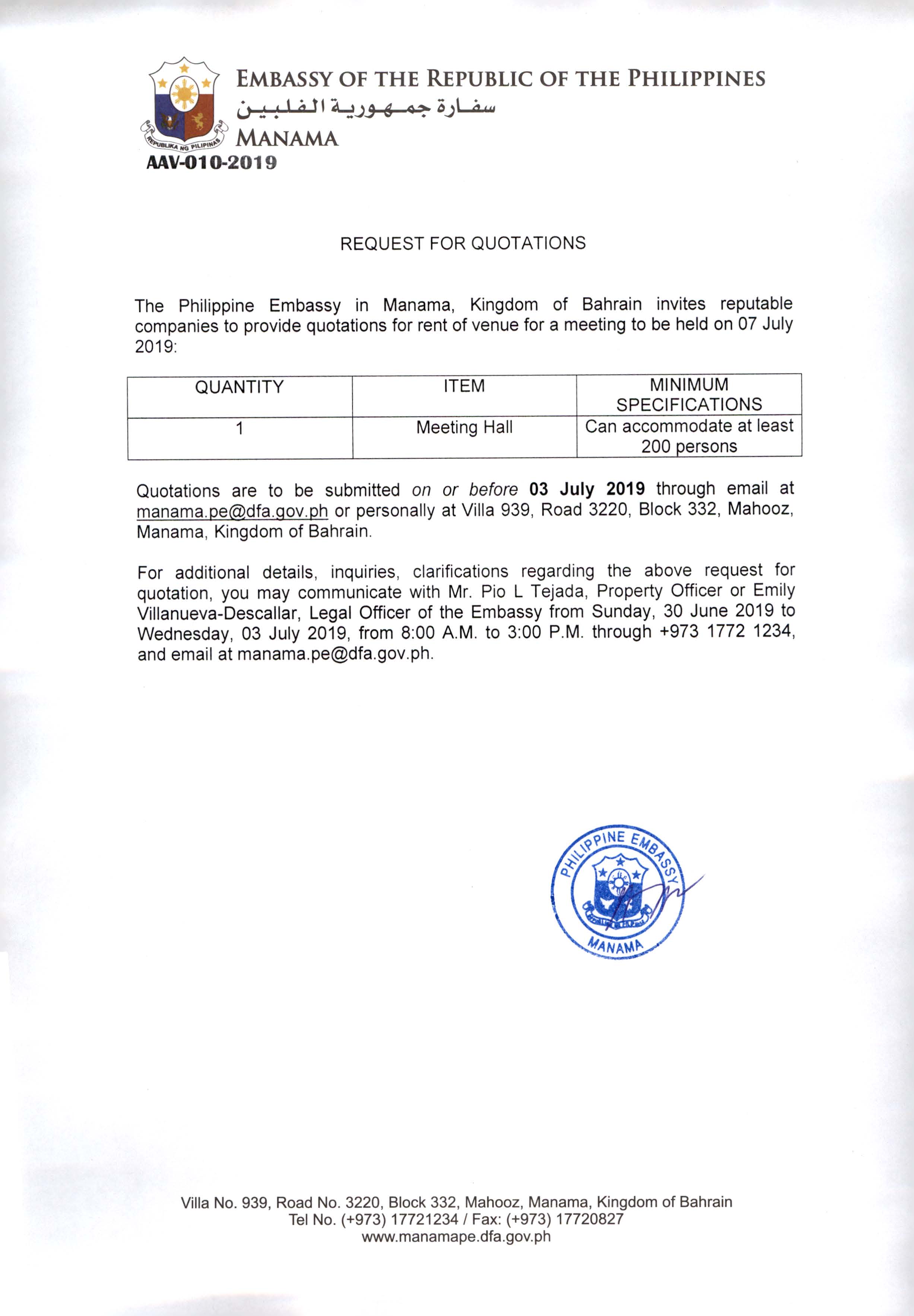 AAV 010 2019 Quotation for Rent Venue for a meeting to be held on 07 July 2019
