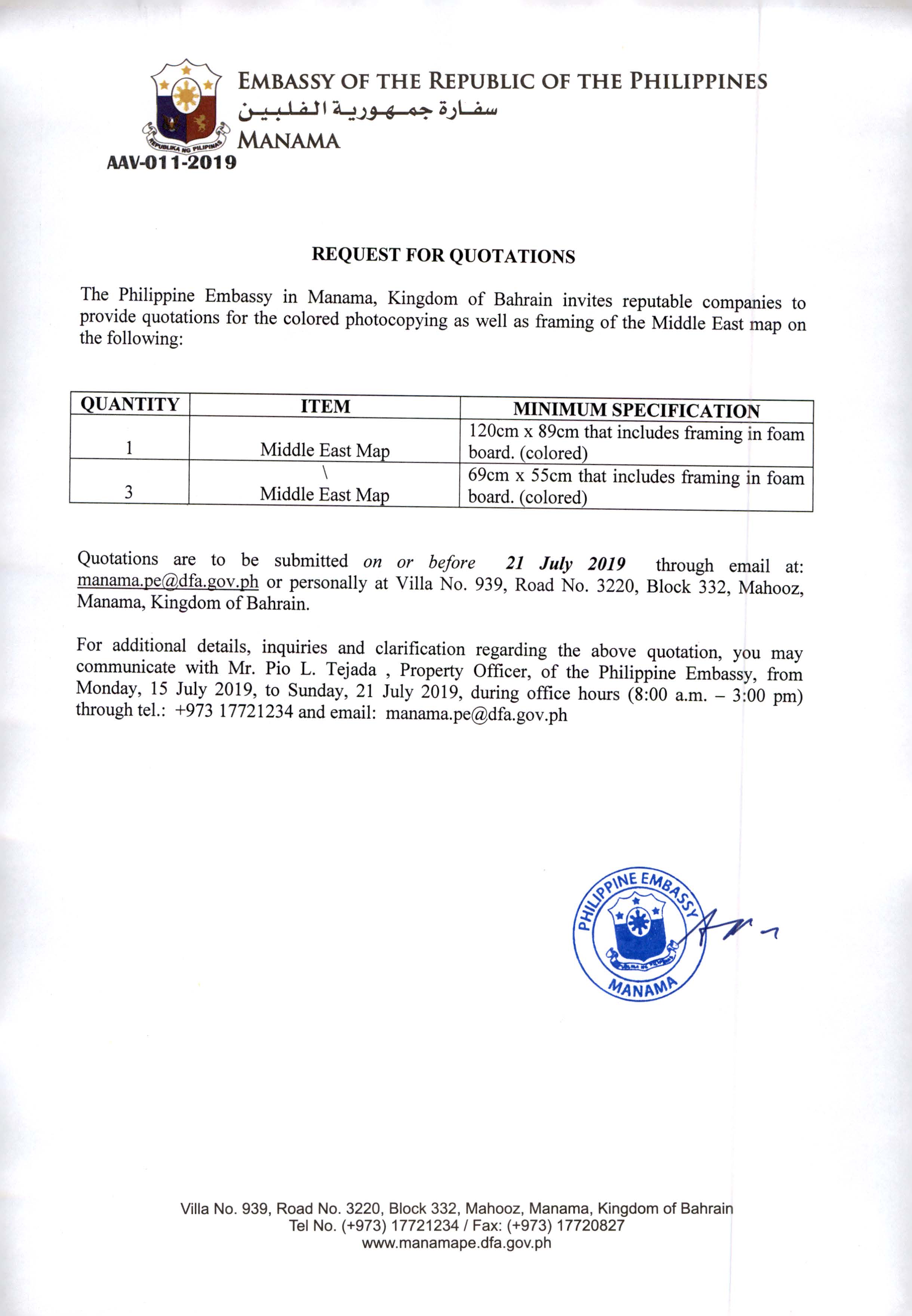 AAV 011 2019 REQUEST FOR QUOTATIONS FOR THE COLORED PHOTOCOPYING AND FRAMING OF THE MIDDLE EAST MAP