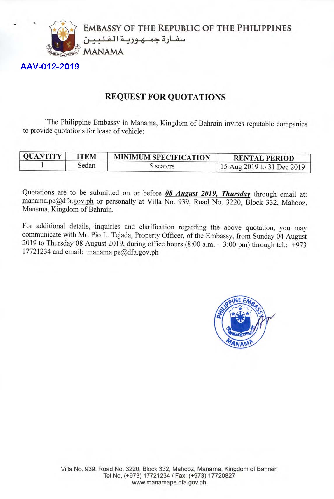 AAV 012 2019 Request for Quotations lease of vehivle 1 sedan 5 seaters